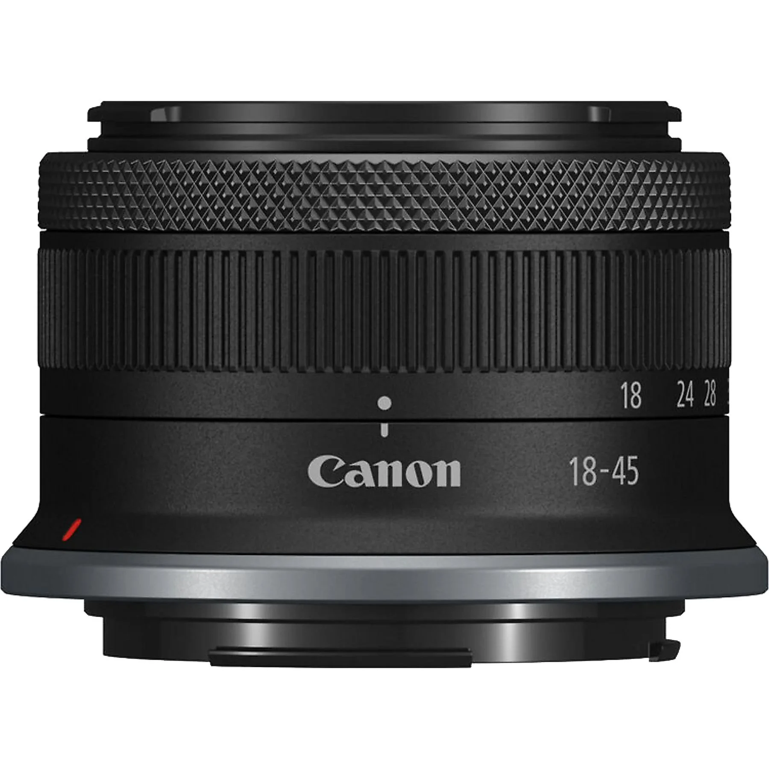 A black Canon 18-45mm lens. It has a textured grip, a silver base, and white markings for focal lengths and Canon branding.