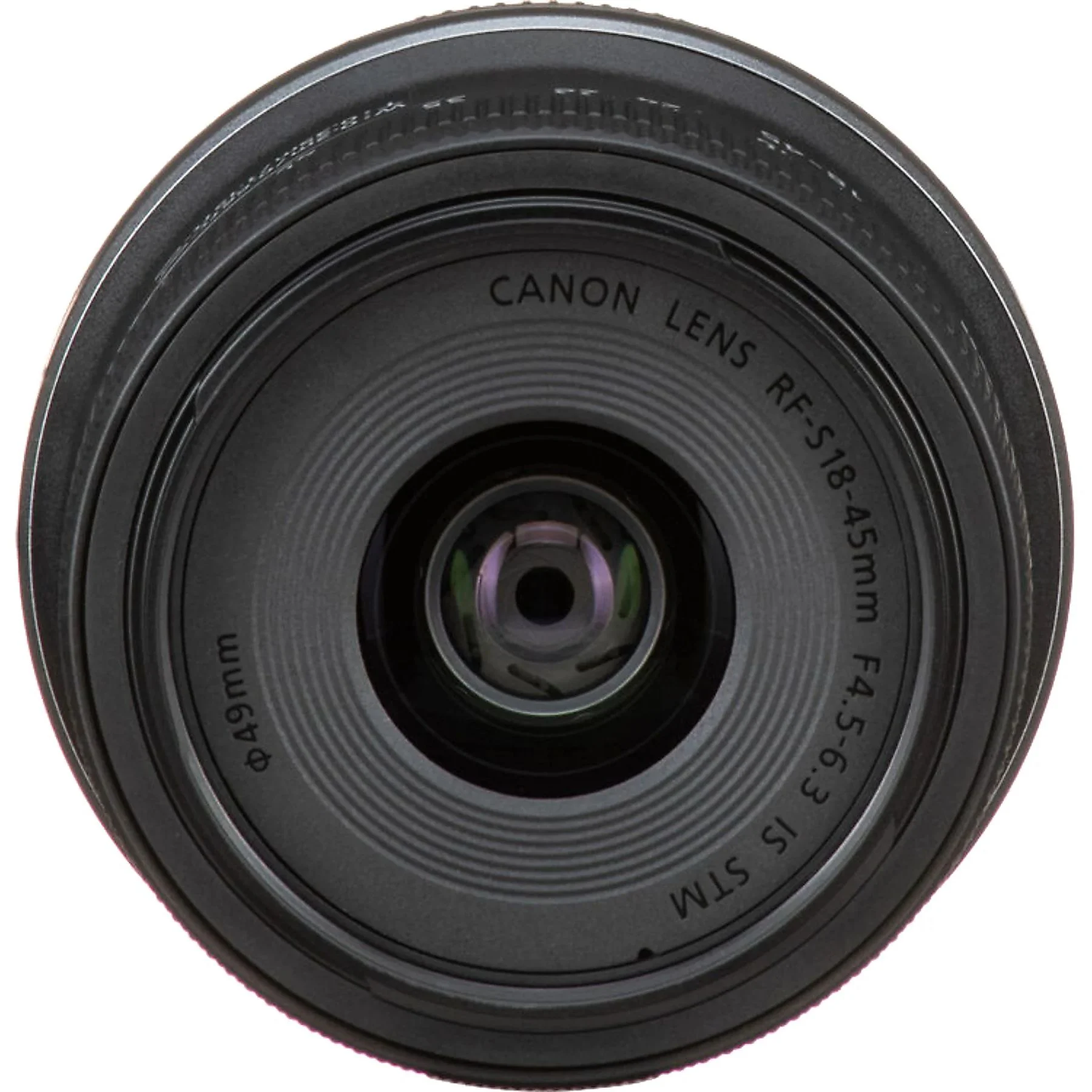 A close-up shot of a Canon lens. It has the inscription 'Canon Lens RF-S18-45mm F4.5-6.3 IS STM' and 49mm.