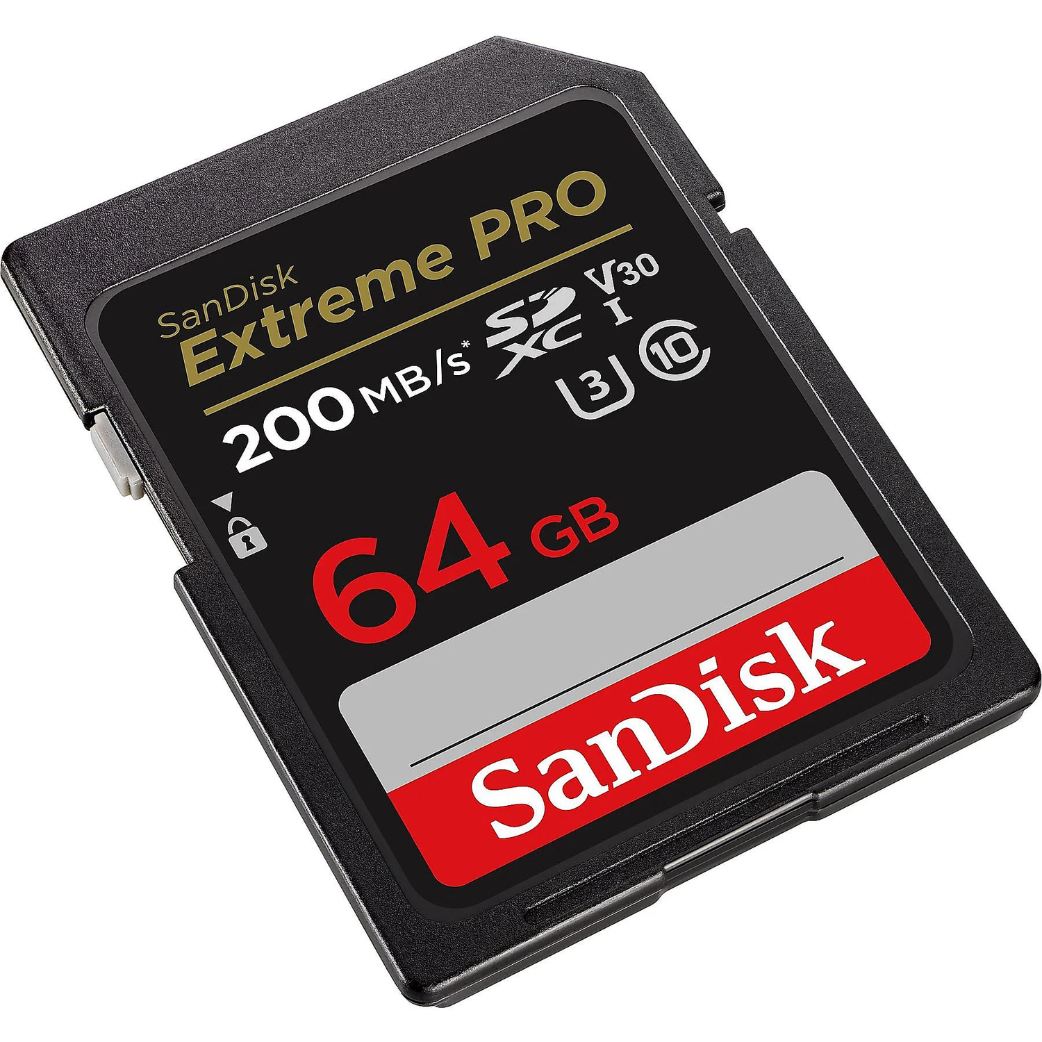 A SanDisk Extreme PRO 64GB SD card. It has black and red colors, with white text indicating its features and capacity.