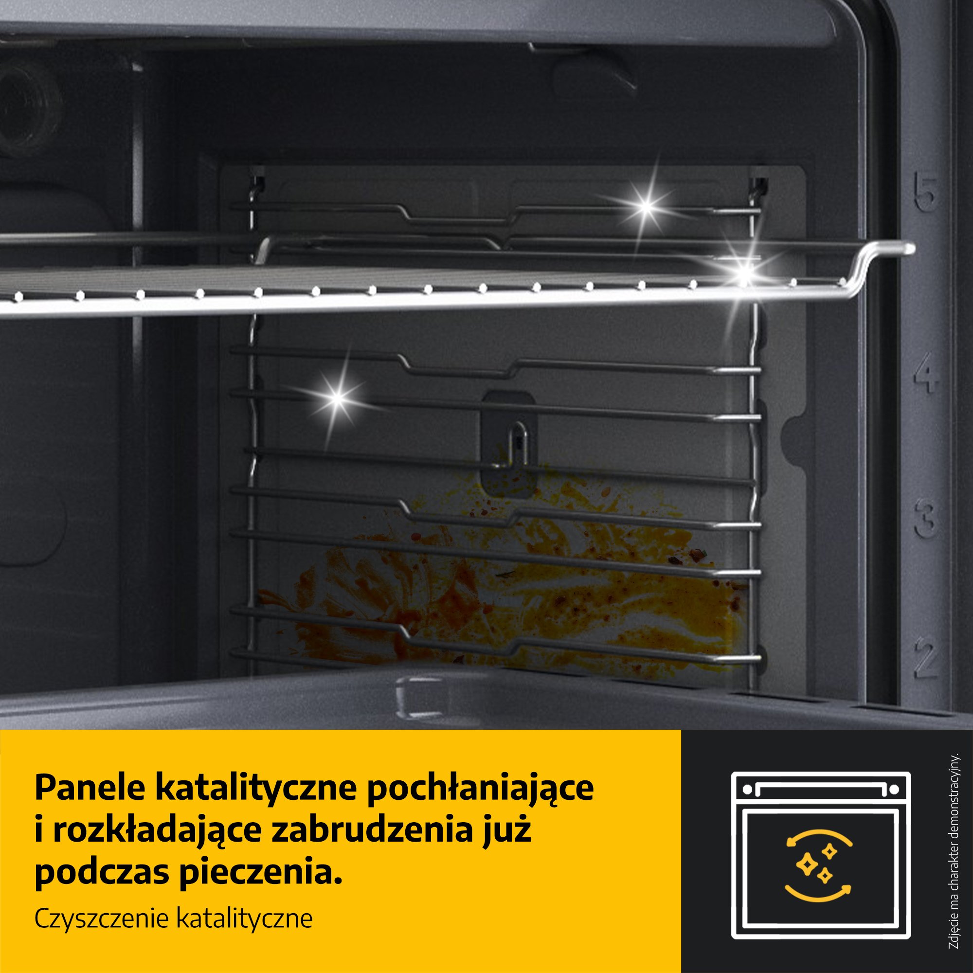 Wnętrze piekarnika z rusztami. Brudna podłoga piekarnika. Iskry i tekst: panele katalityczne pochłaniające i rozkładające brud podczas pieczenia.