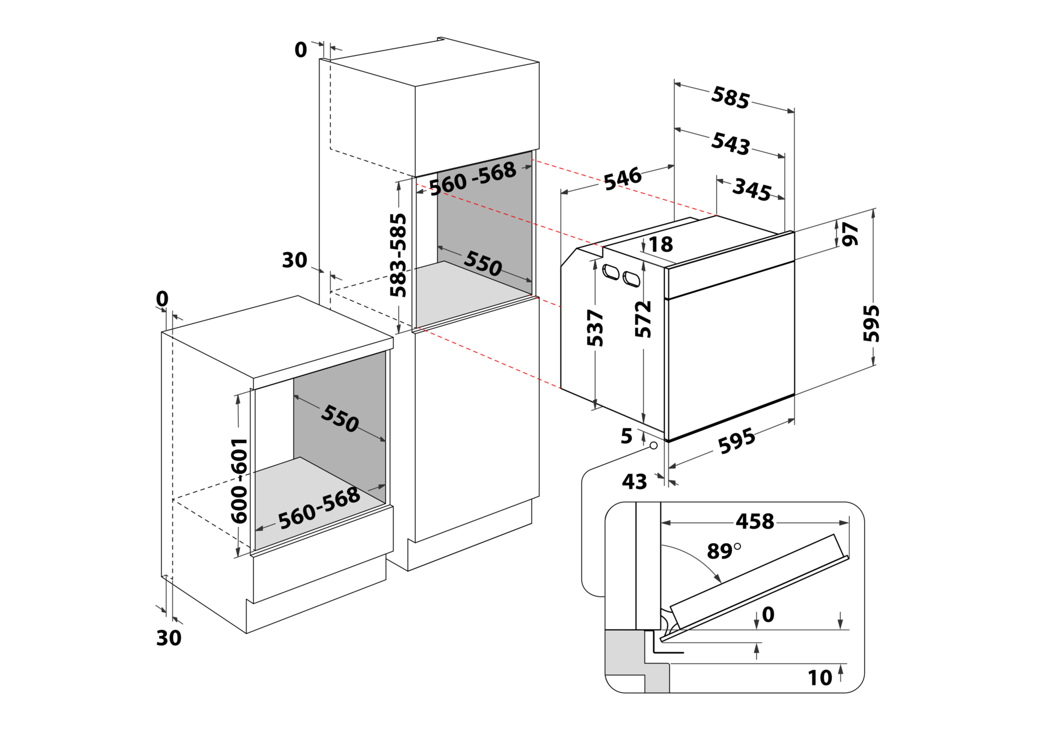 Schemat wbudowanych urządzeń kuchennych z wymiarami, w tym piekarnika i mikrofalówki, ze szczegółowymi pomiarami.