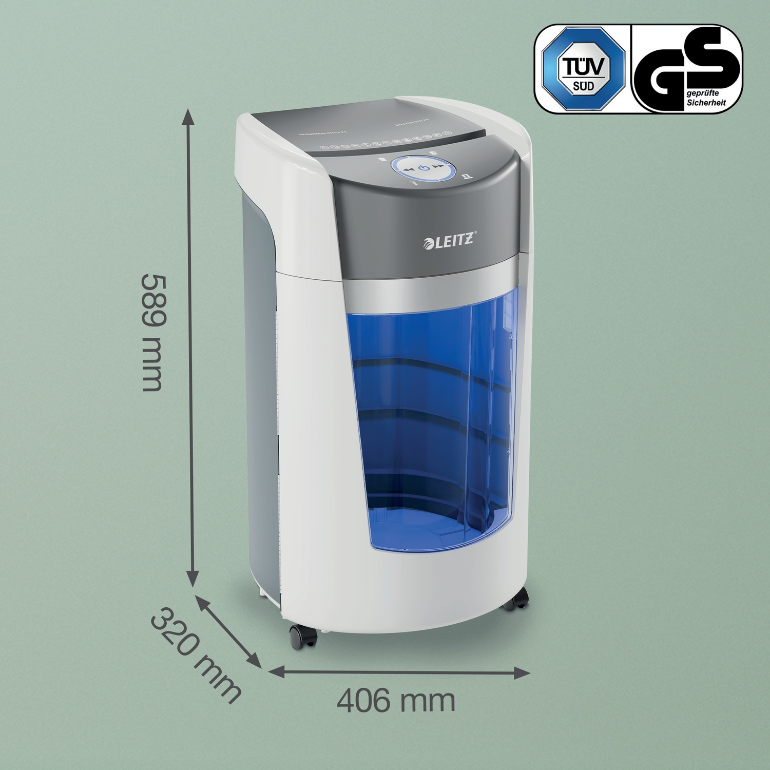 Un distruggidocumenti Leitz bianco e grigio con contenitore blu. Dimensioni: 589 mm altezza, 320 mm larghezza e 406 mm lunghezza.