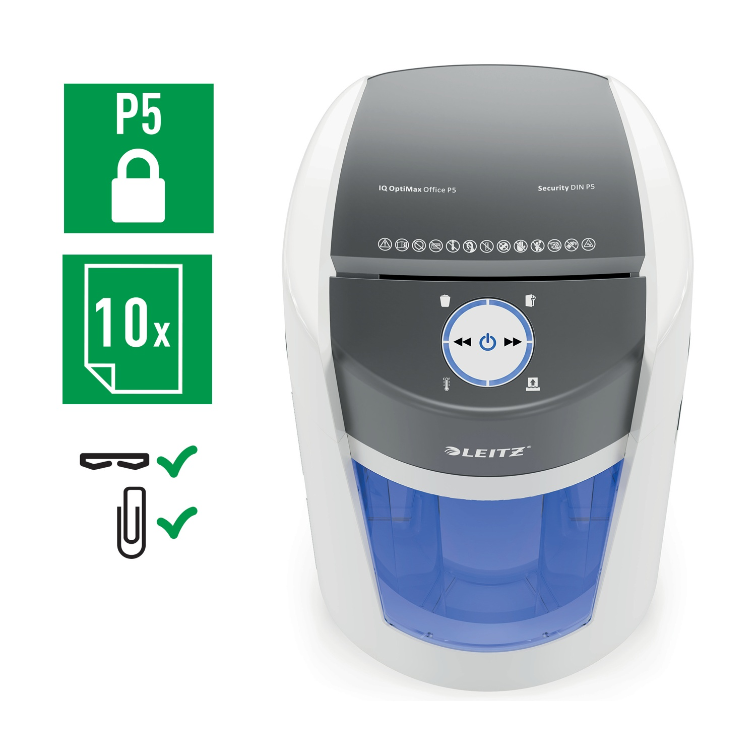 Un distruggidocumenti Leitz IQ OptiMax Office P5. Ha un design bianco e grigio con un cestino blu. Indicatori e loghi visibili.