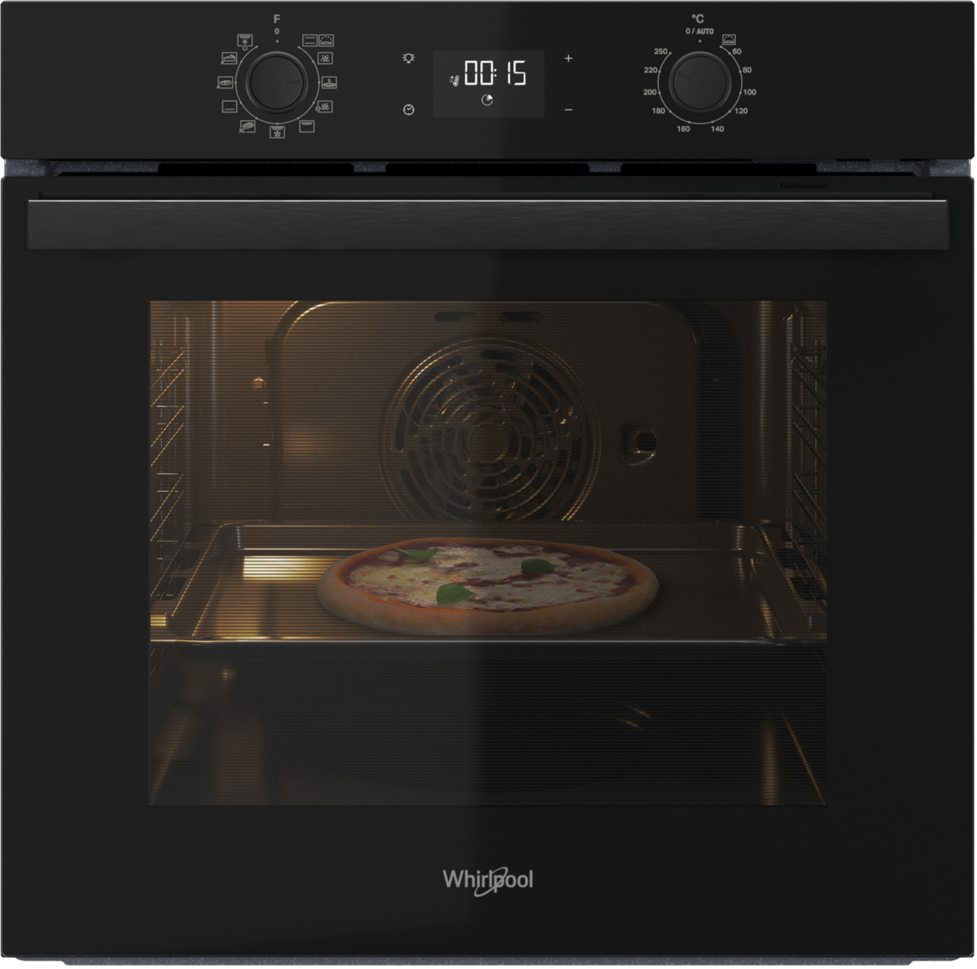Czarny piekarnik Whirlpool z pizzą w środku. Piekarnik pokazuje czas i ustawienia temperatury. Pizza ma liście bazylii.