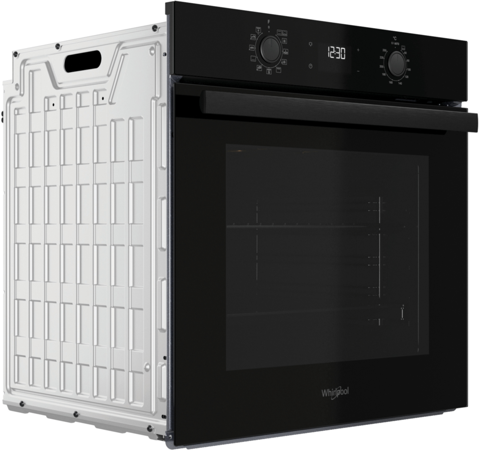 Czarny piekarnik Whirlpool. Ma szklane drzwi, cyfrowy zegar i pokrętła. Tył jest metaliczny.