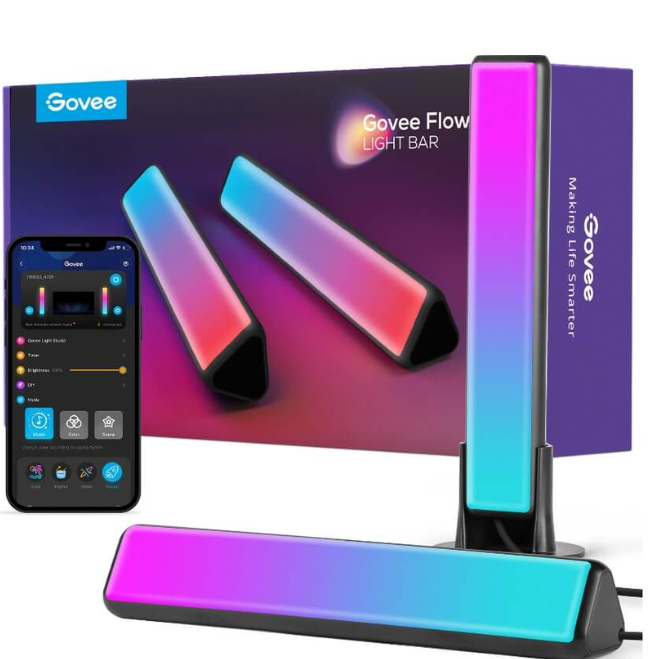 Govee Flow Light Bar-Set mit Telefon, das die App anzeigt, Karton und Lichtleisten. Die Lichtleisten sind farblich abgestuft.
