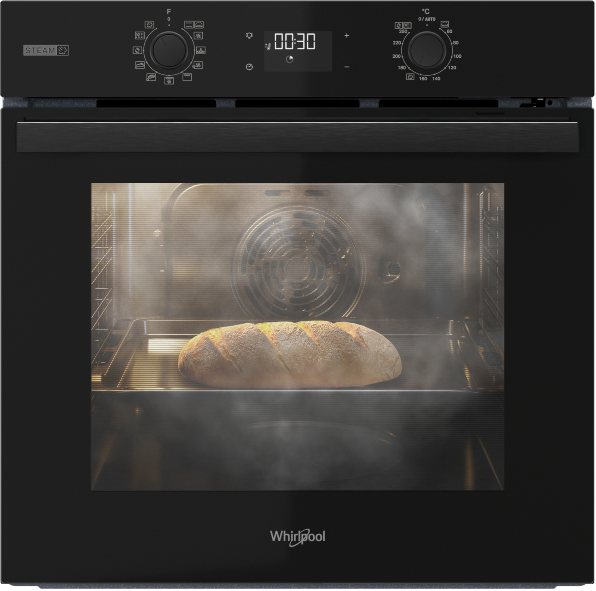 Czarny piekarnik z bochenkiem chleba w środku. Piekarnik wyświetla regulatory czasu i temperatury.