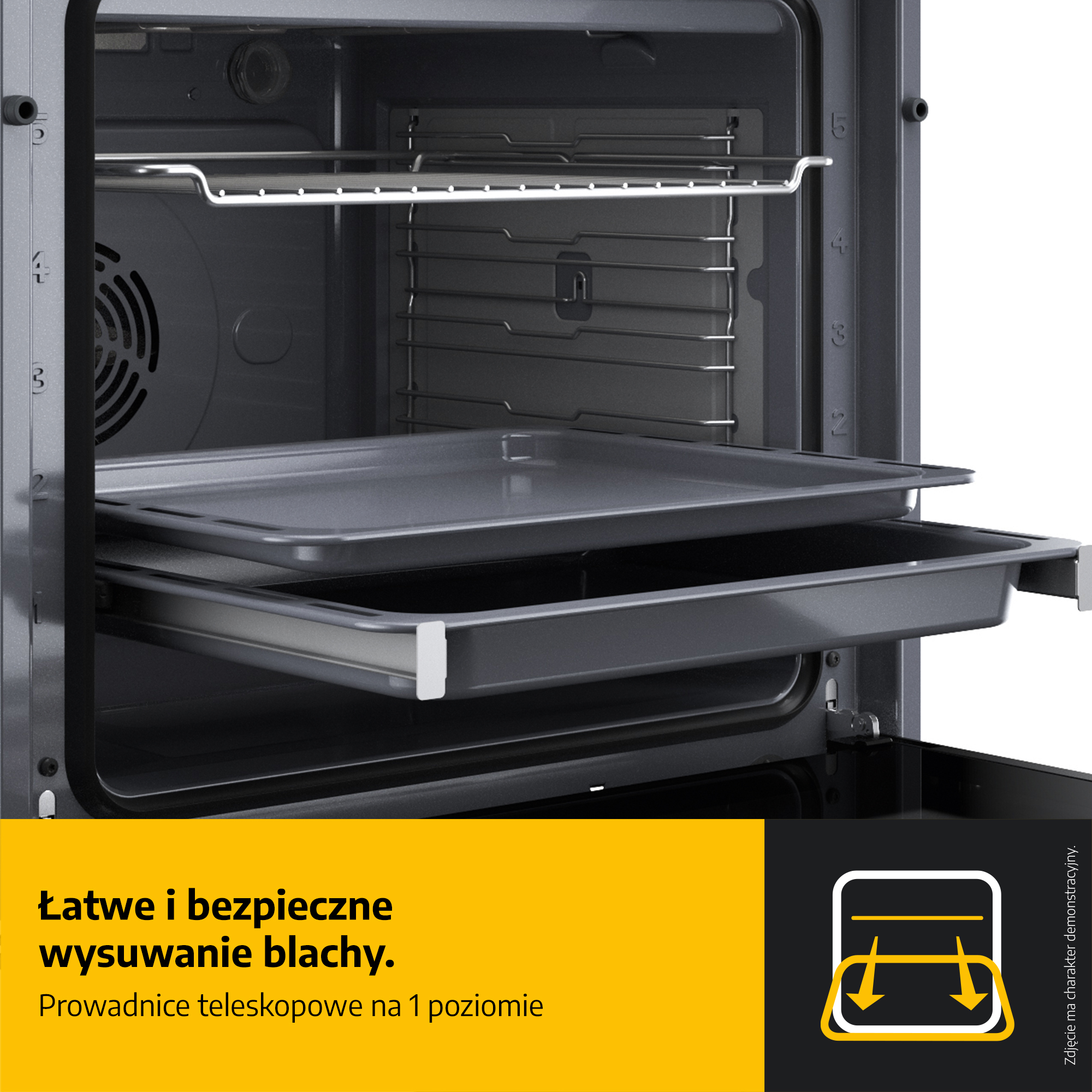 Wnętrze piekarnika z wysuwanymi tacami. Widoczne metalowe ruszty i prowadnice. Tekst po polsku o łatwym wysuwaniu blach.