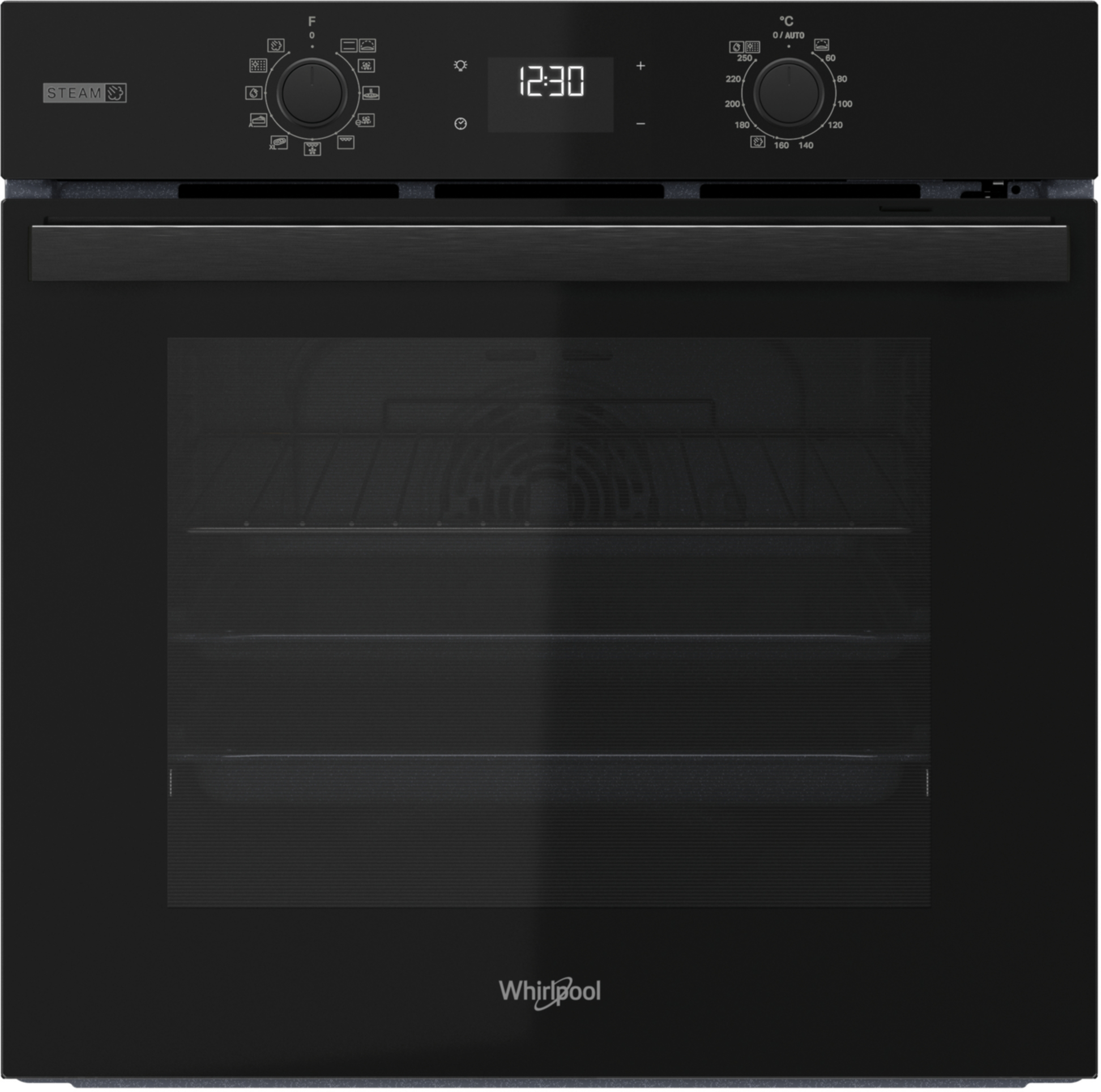 Czarny piekarnik Whirlpool z cyfrowym wyświetlaczem zegara i pokrętłami. Drzwi piekarnika są zamknięte.
