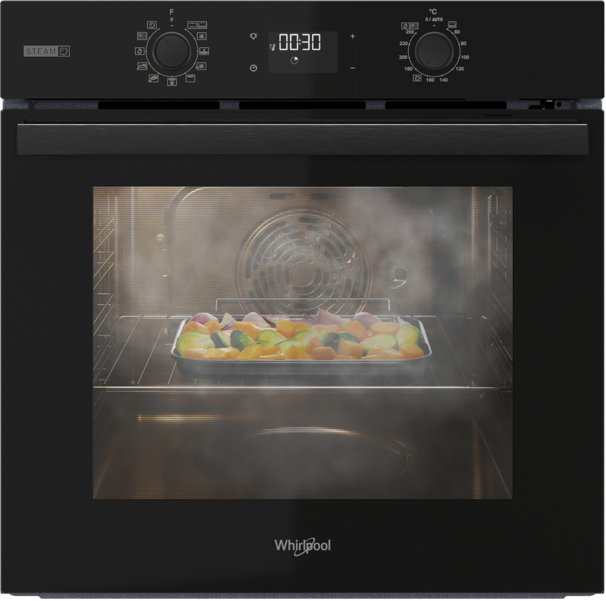 Czarny piekarnik z tacką z warzywami w środku. Wyświetlacz cyfrowy pokazuje 00:30. Widoczna para.