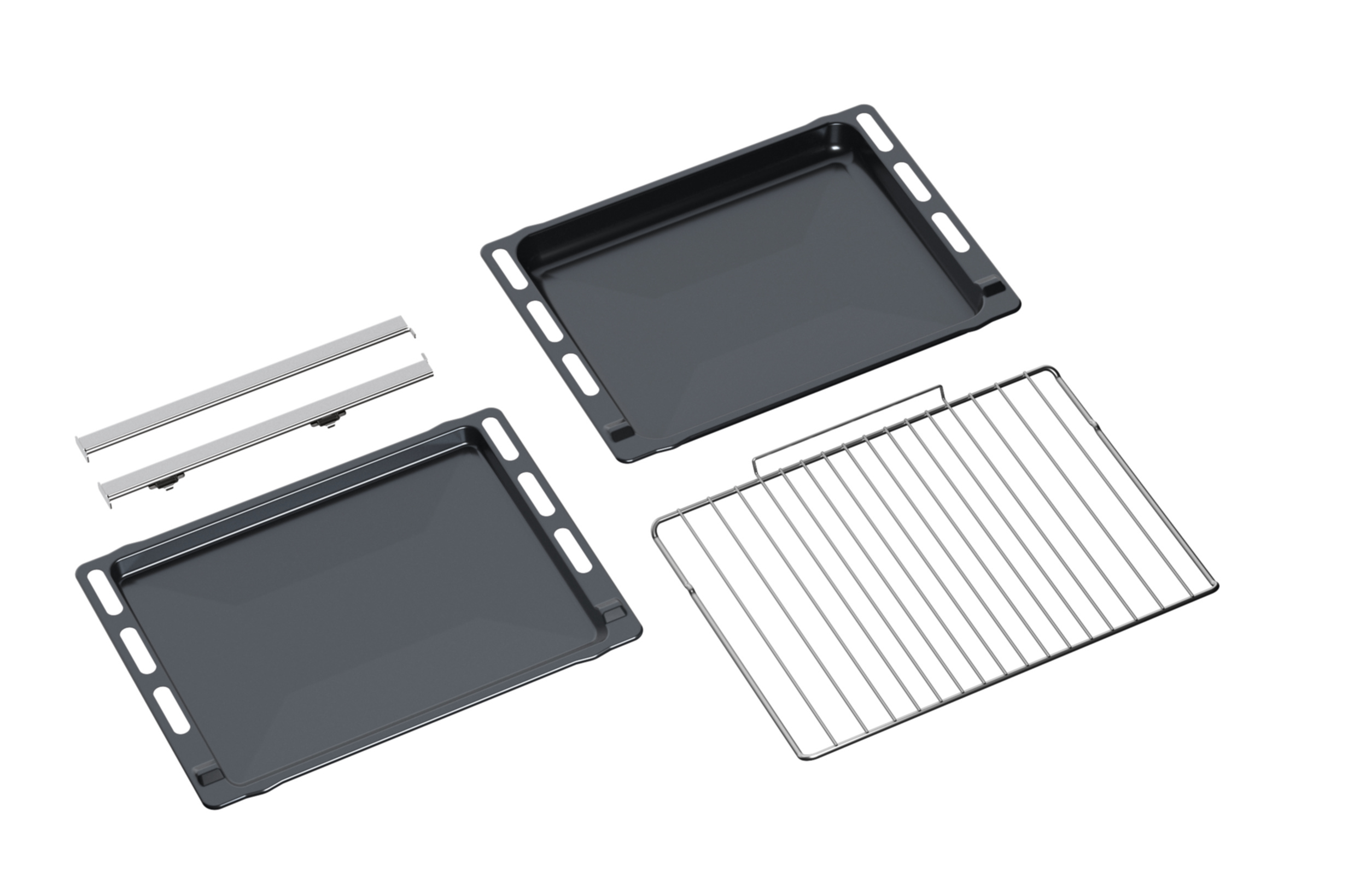 Elementy piekarnika: dwie ciemne tace, ruszt i dwie metalowe szyny, wszystko na białym tle.