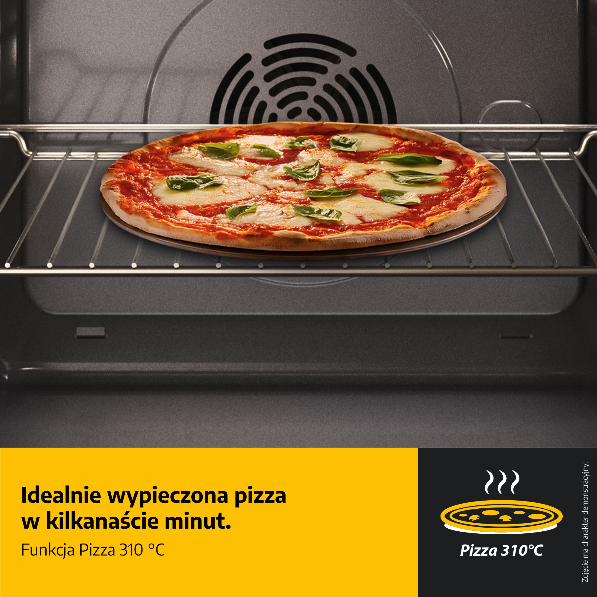 Pizza w piekarniku. Ma ser i bazylię. Piekarnik jest czarny i wyświetla Pizza 310°C.