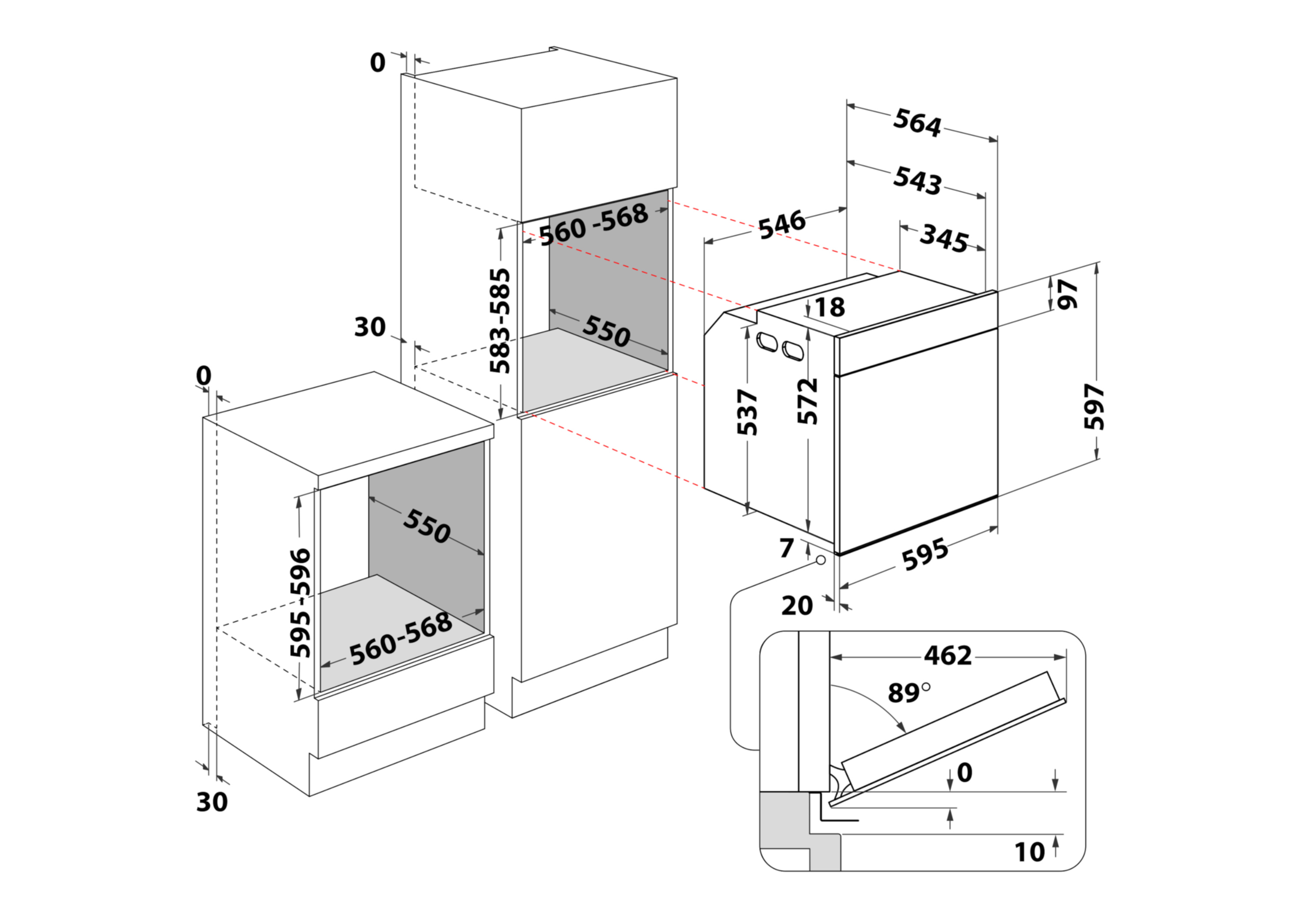 Rysunek techniczny wbudowanych urządzeń kuchennych z wymiarami w milimetrach. Kilka prostokątnych kształtów.