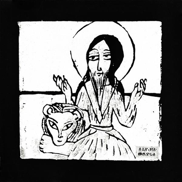 Schwarz-Weiß-Illustration einer Figur mit Heiligenschein, erhobenen Händen und einem Löwenkopf. Traditioneller Stil.