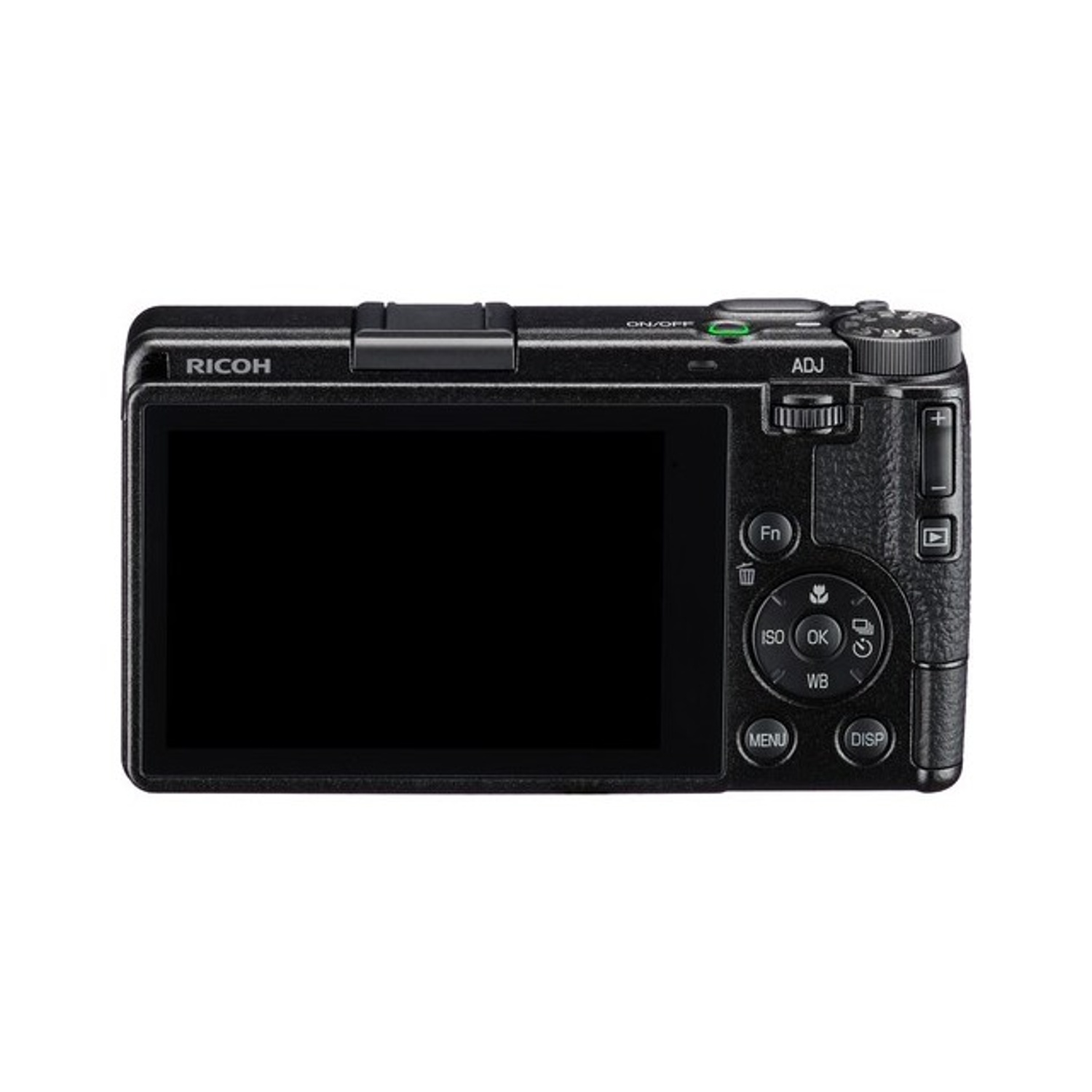 Una fotocamera digitale Ricoh nera. Ha un grande schermo nero sul retro, con diversi pulsanti e quadranti intorno.