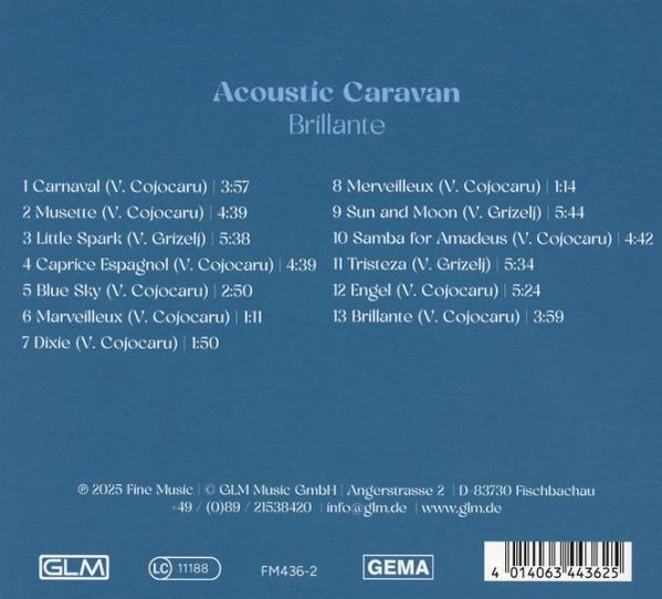 CD-Cover mit Titelliste von 'Acoustic Caravan Brillante'. Es listet Songtitel und -dauern sowie Urheber- und Labelinformationen auf.