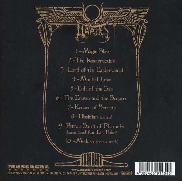 CD-Cover mit goldenem ägyptischem Design. Es listet Songtitel, Bandnamen und das Massacre Records-Logo auf dunklem Hintergrund.