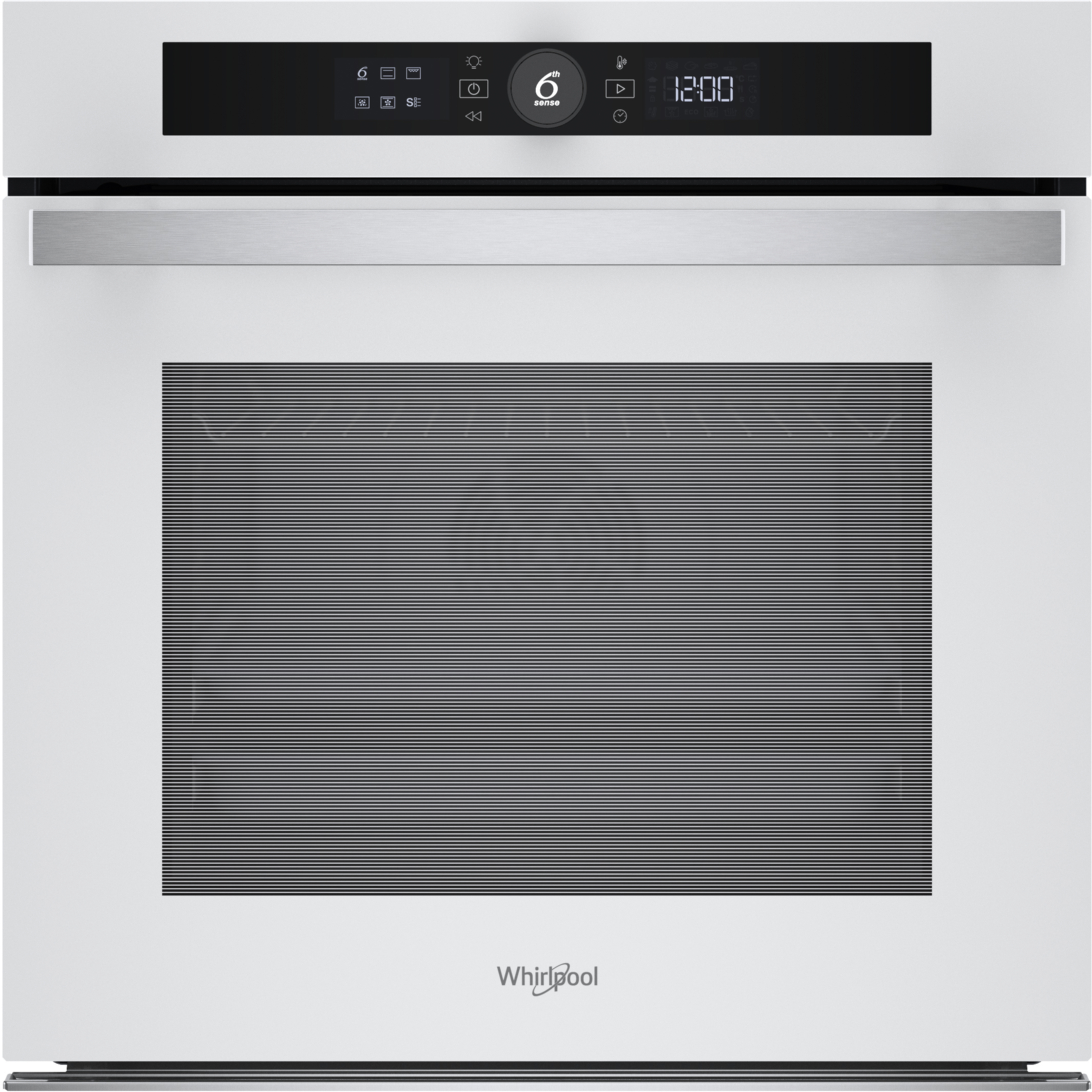 Biały piekarnik Whirlpool z czarnym wyświetlaczem cyfrowym, uchwytem ze stali nierdzewnej i czarnymi drzwiami.