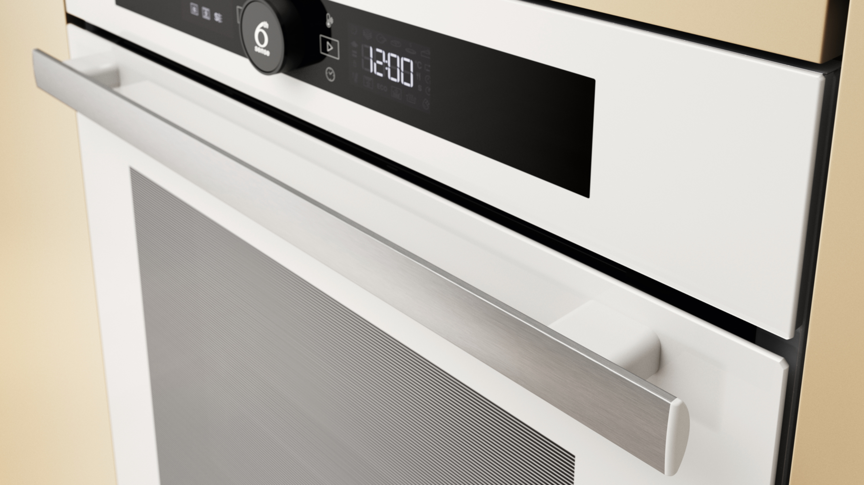 Zbliżenie białego piekarnika ze srebrnym uchwytem i cyfrowym wyświetlaczem. Drzwi piekarnika mają poziome linie.