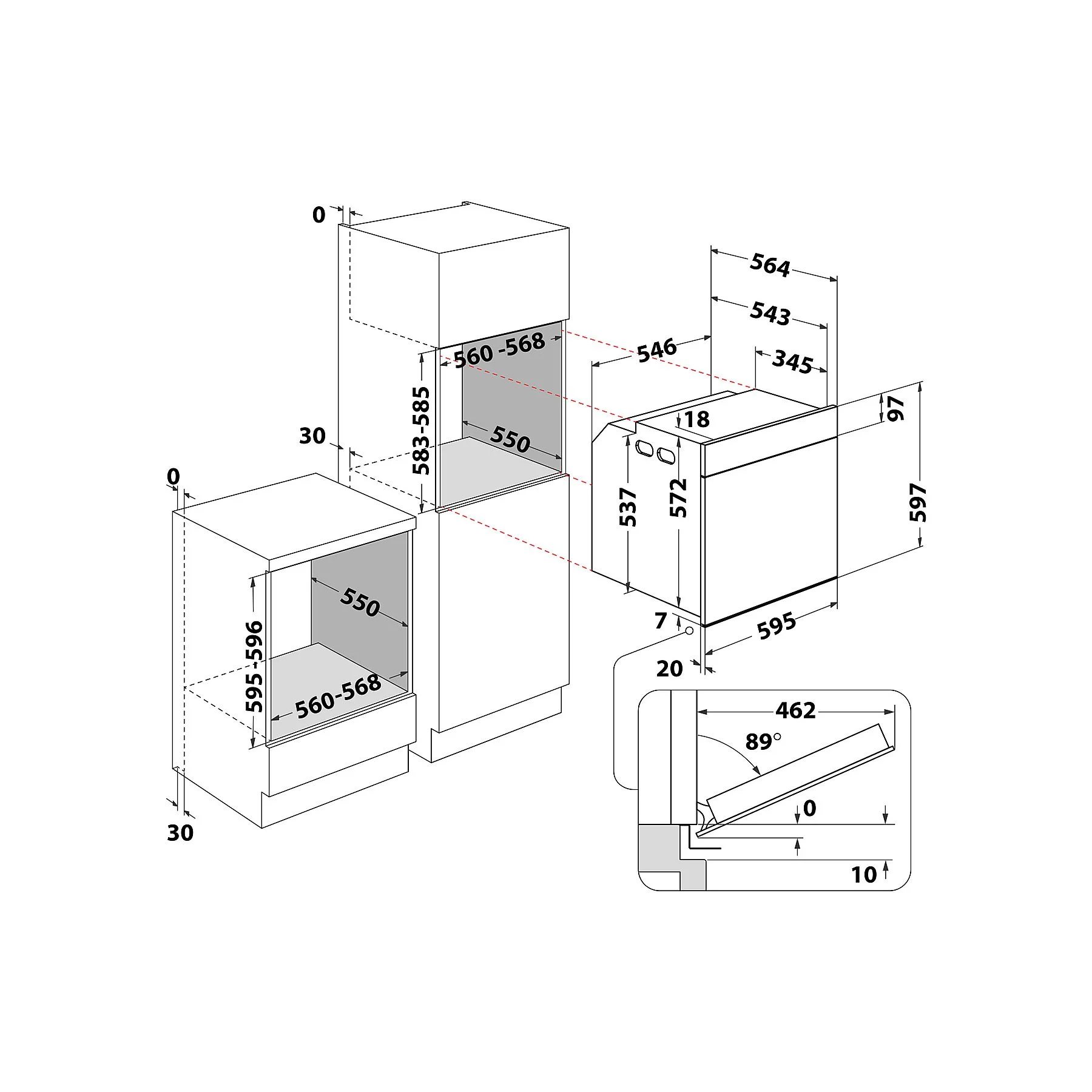 Rysunek techniczny sprzętu kuchennego. Zawiera wymiary i kąty do instalacji.
