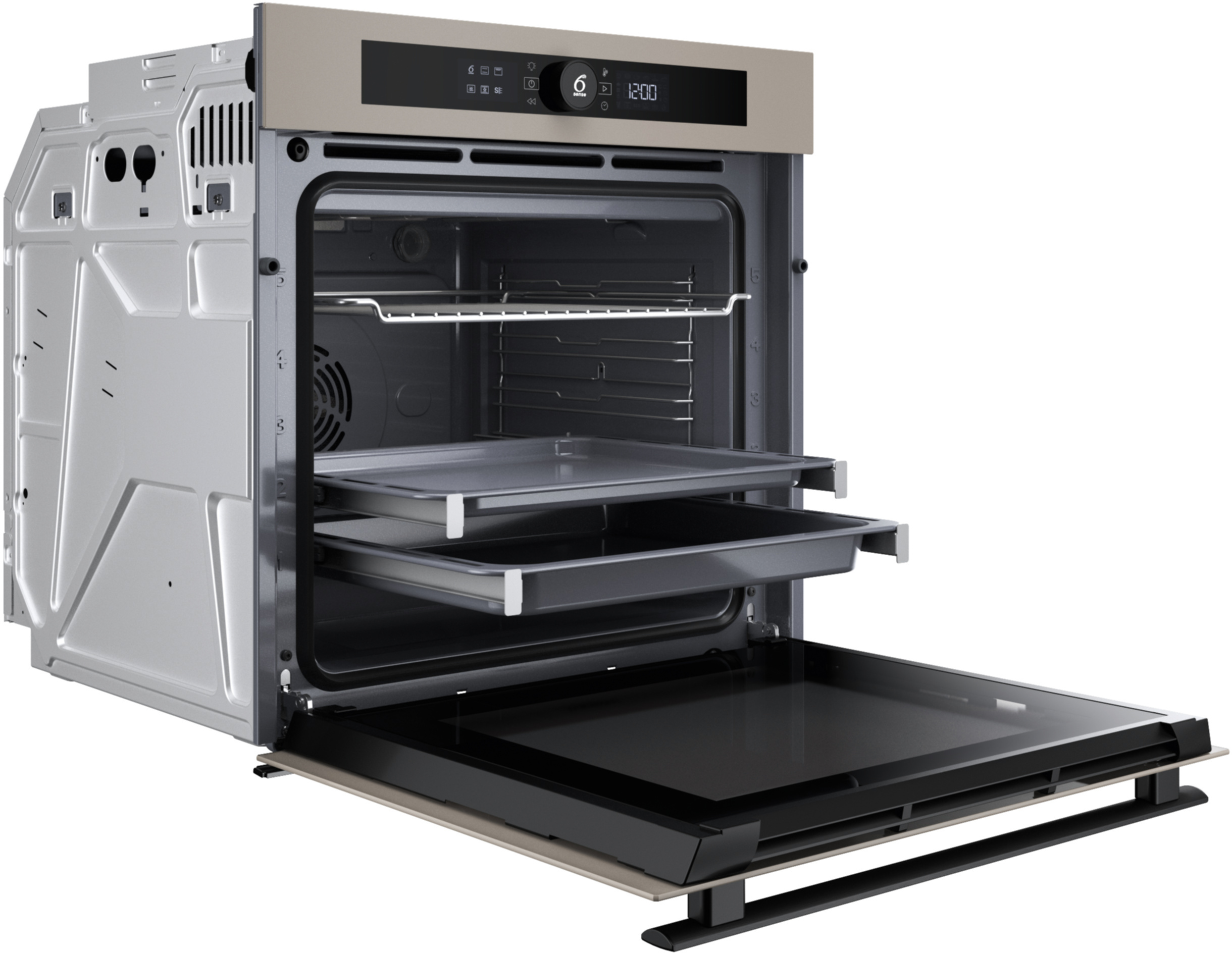 Piekarnik z otwartymi drzwiami. W środku są tace. Przedni panel ma wyświetlacz i elementy sterujące.