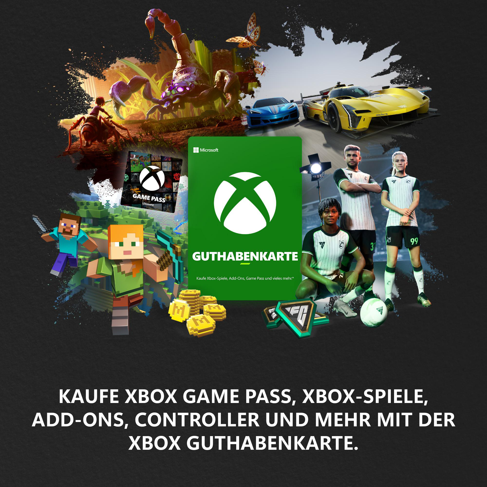 Eine Xbox-Werbung. Enthält Spielfiguren, Autos und eine Geschenkkarte. Der Text lautet: 'Kaufe Xbox Game Pass, Spiele und mehr'.