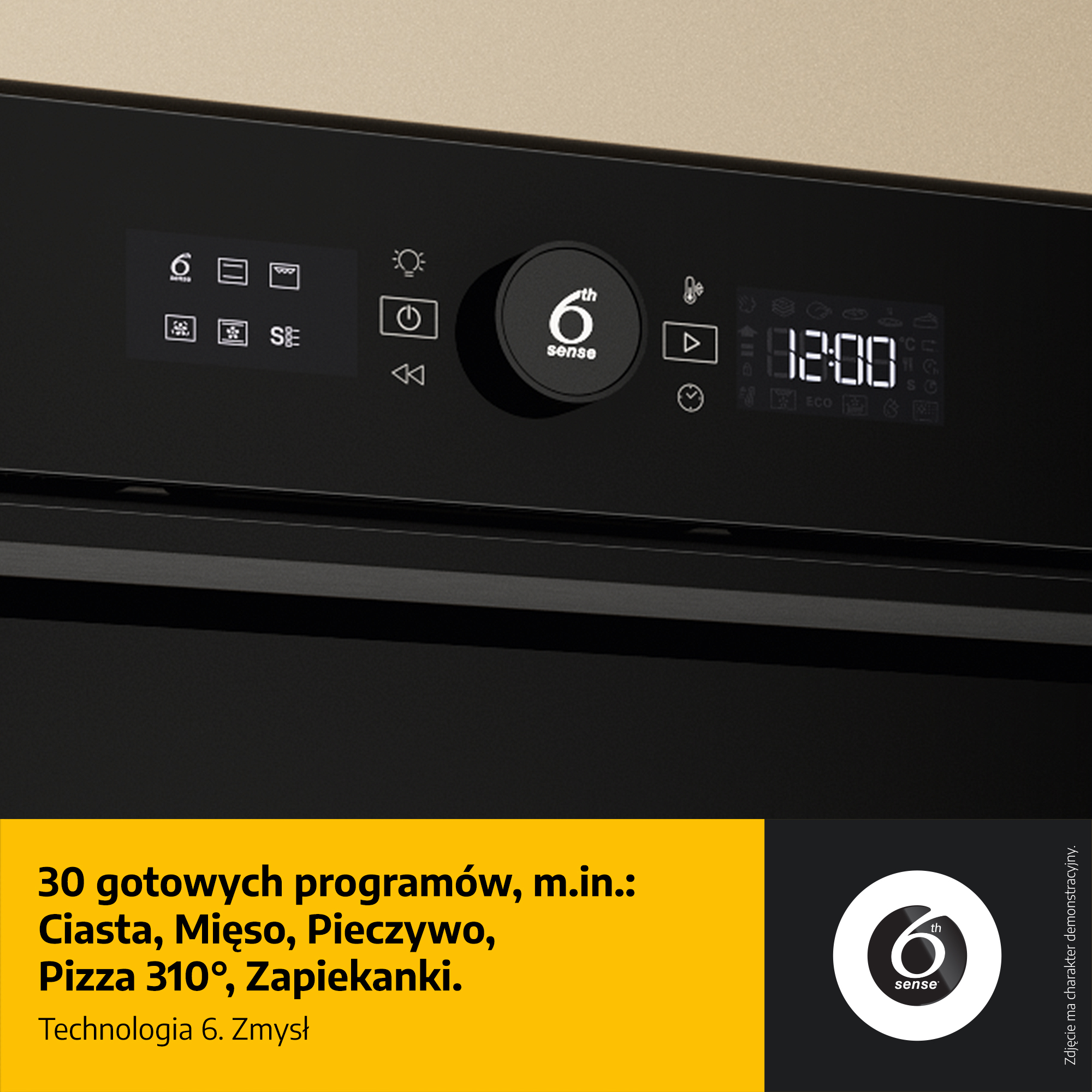 Czarny panel sterowania piekarnika z wyświetlaczem pokazującym czas i ikony. Tekst: 30 programów, ciasto, mięso, pizza i technologia.