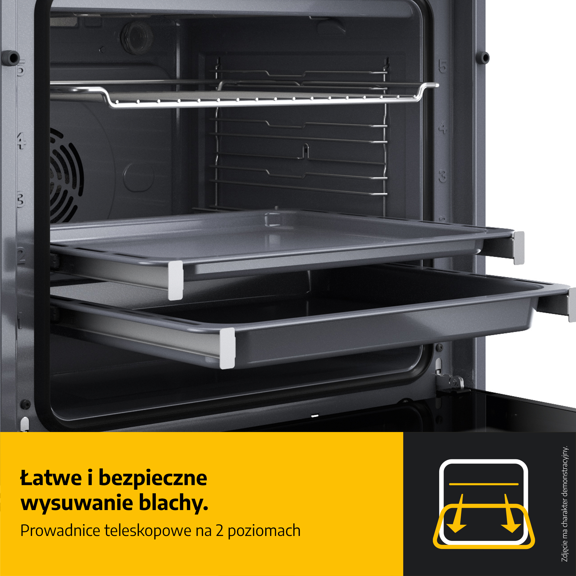 Wnętrze piekarnika z dwiema tacami na prowadnicach teleskopowych. Żółty tekst na dole: łatwe i bezpieczne wysuwanie blach.