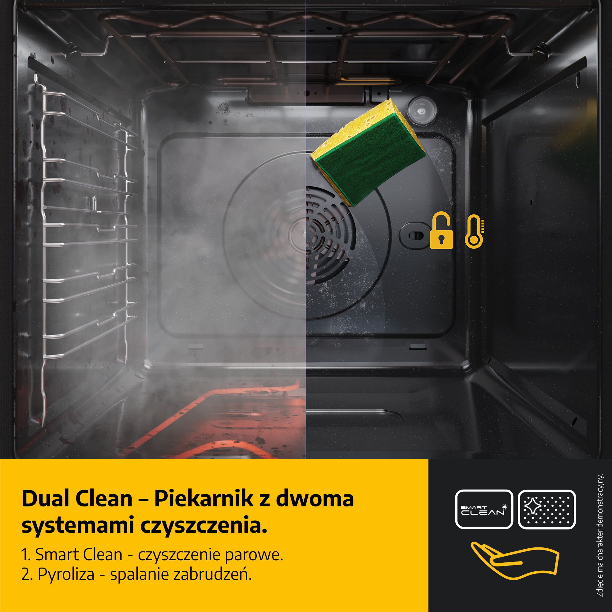 Wnętrze piekarnika podzielone na dwie części, jedna brudna, druga czysta z gąbką. Tekst: Dual Clean, dwa systemy czyszczenia.