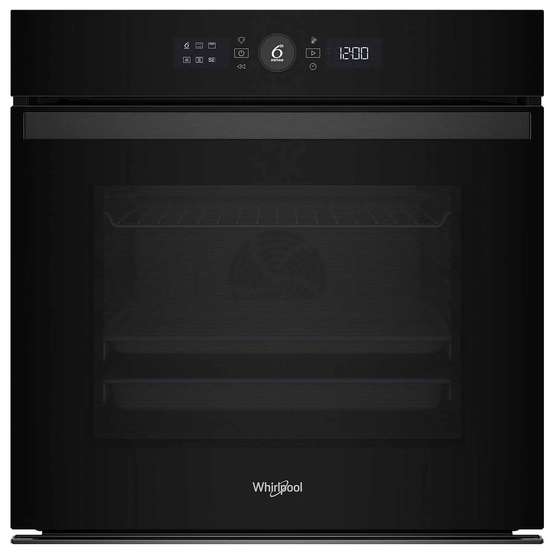 Czarny piekarnik Whirlpool z cyfrowym wyświetlaczem 12:00. Funkcja 6th sense. Wnętrze z rusztami.