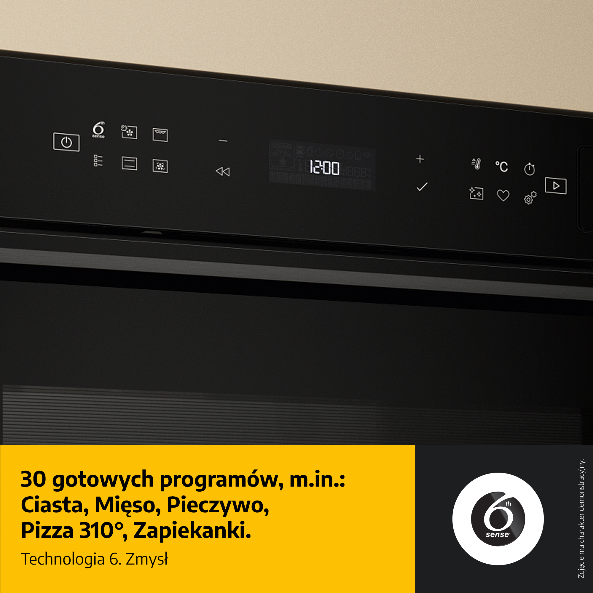 Czarny piekarnik z panelem sterowania, wyświetlającym czas i ustawienia. Żółty banner z programami i logo 6th Sense.