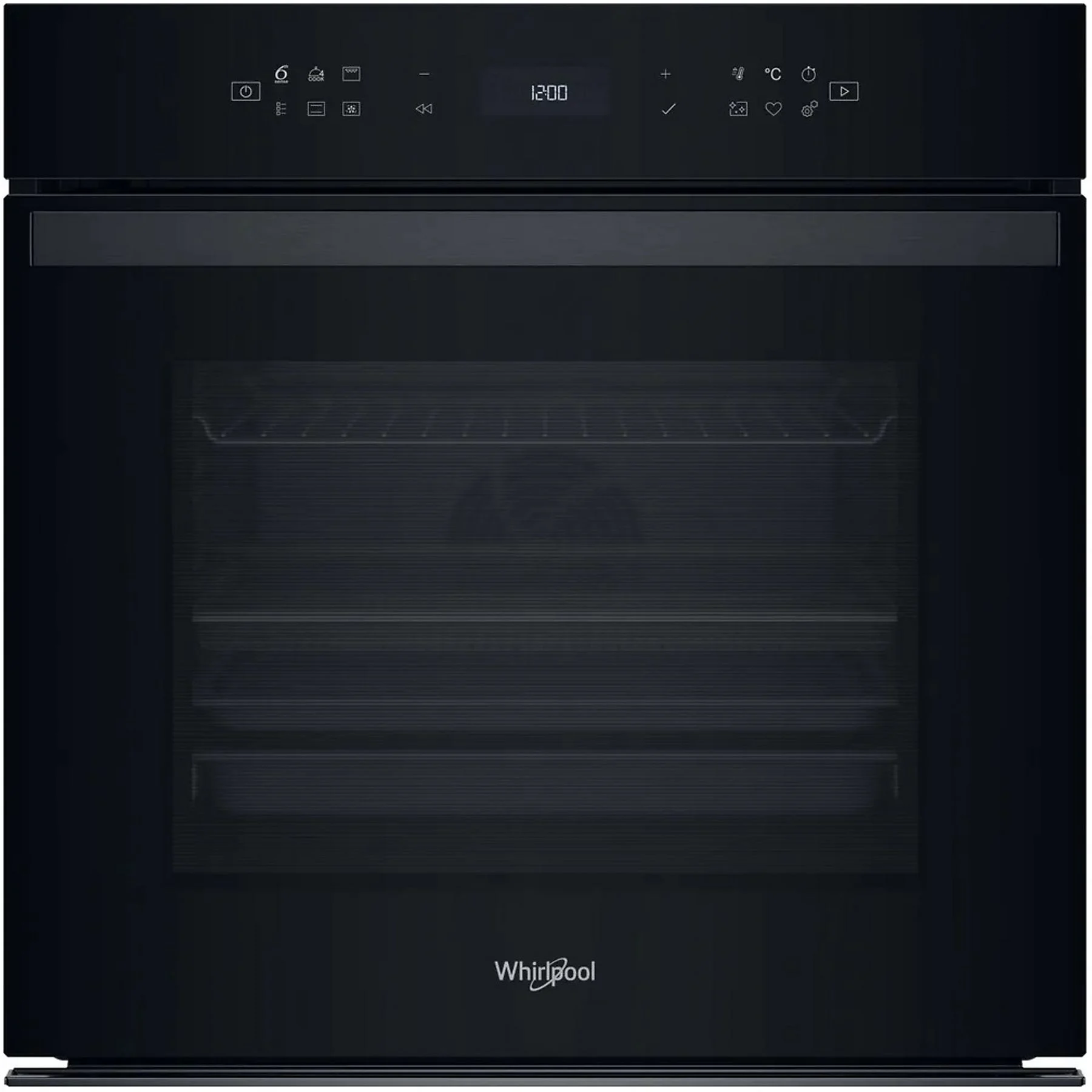 Czarny piekarnik Whirlpool z wyświetlaczem cyfrowym 12:00. Przyciski zasilania, ustawień i opcji gotowania.