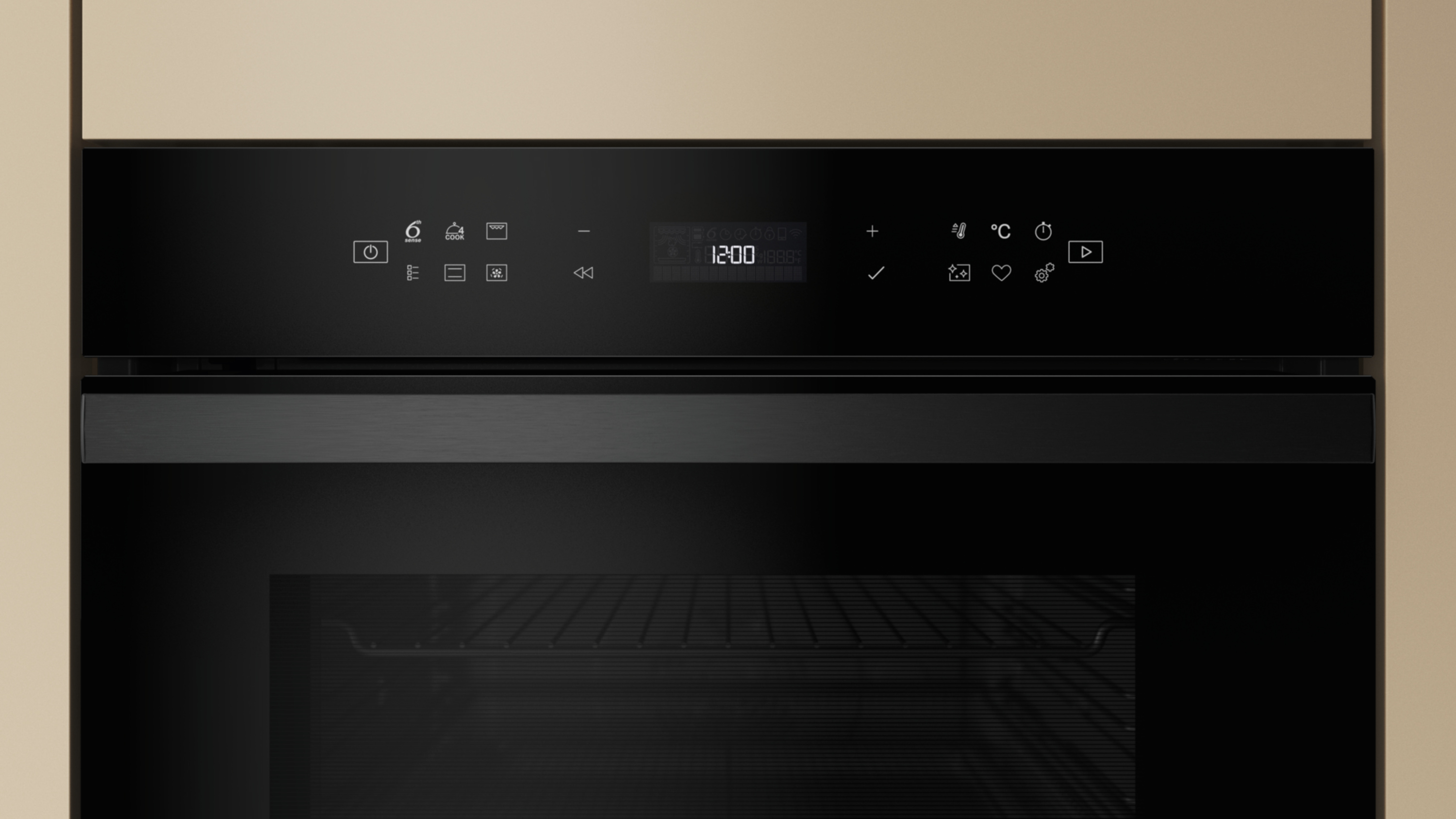 Czarny piekarnik z cyfrowym wyświetlaczem pokazującym czas. Panel sterowania z ikonami. Drzwi piekarnika zamknięte. Beżowa szafka otacza.
