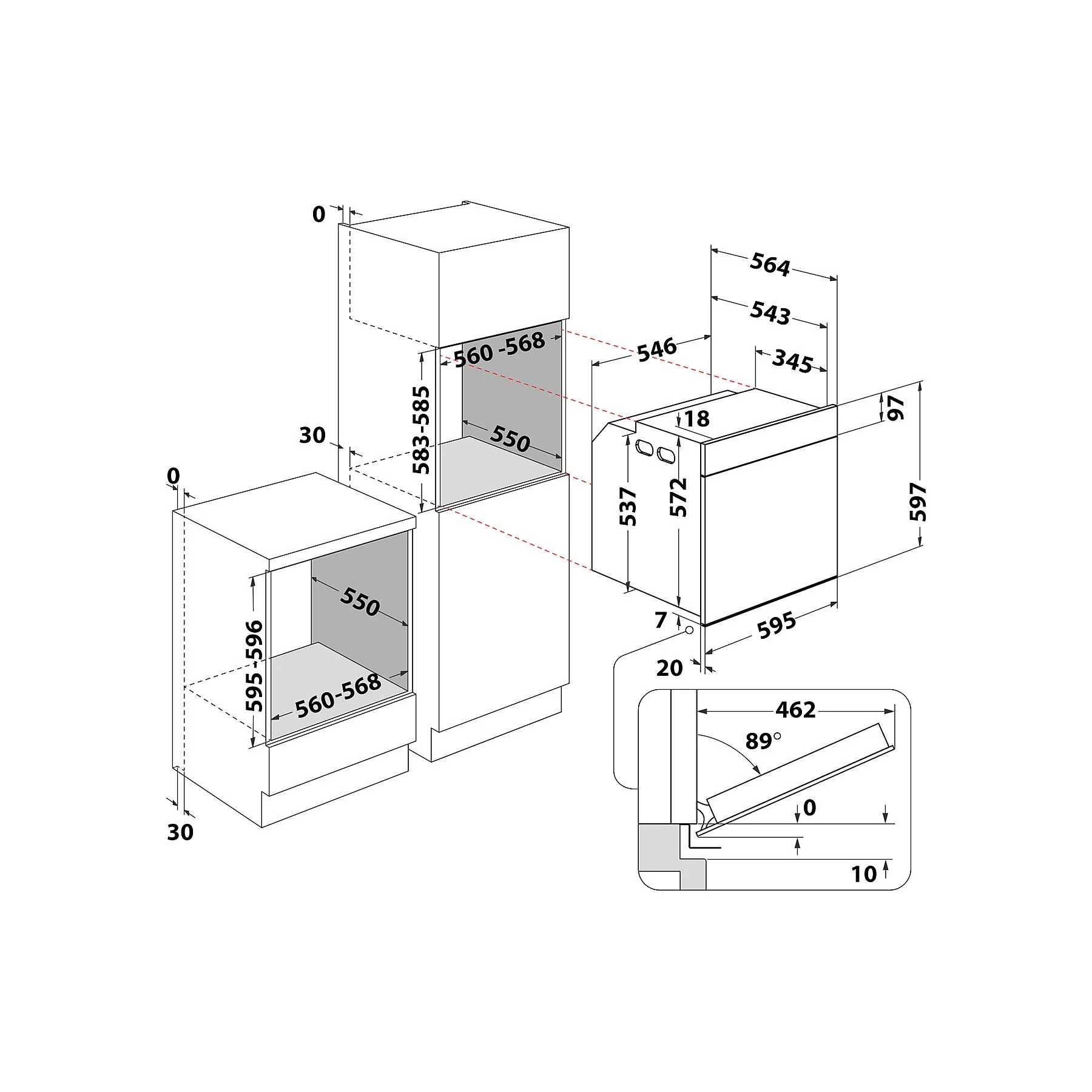 Schemat wbudowanego urządzenia kuchennego z wymiarami w mm. Zawiera wymiary wysokości, szerokości i głębokości.