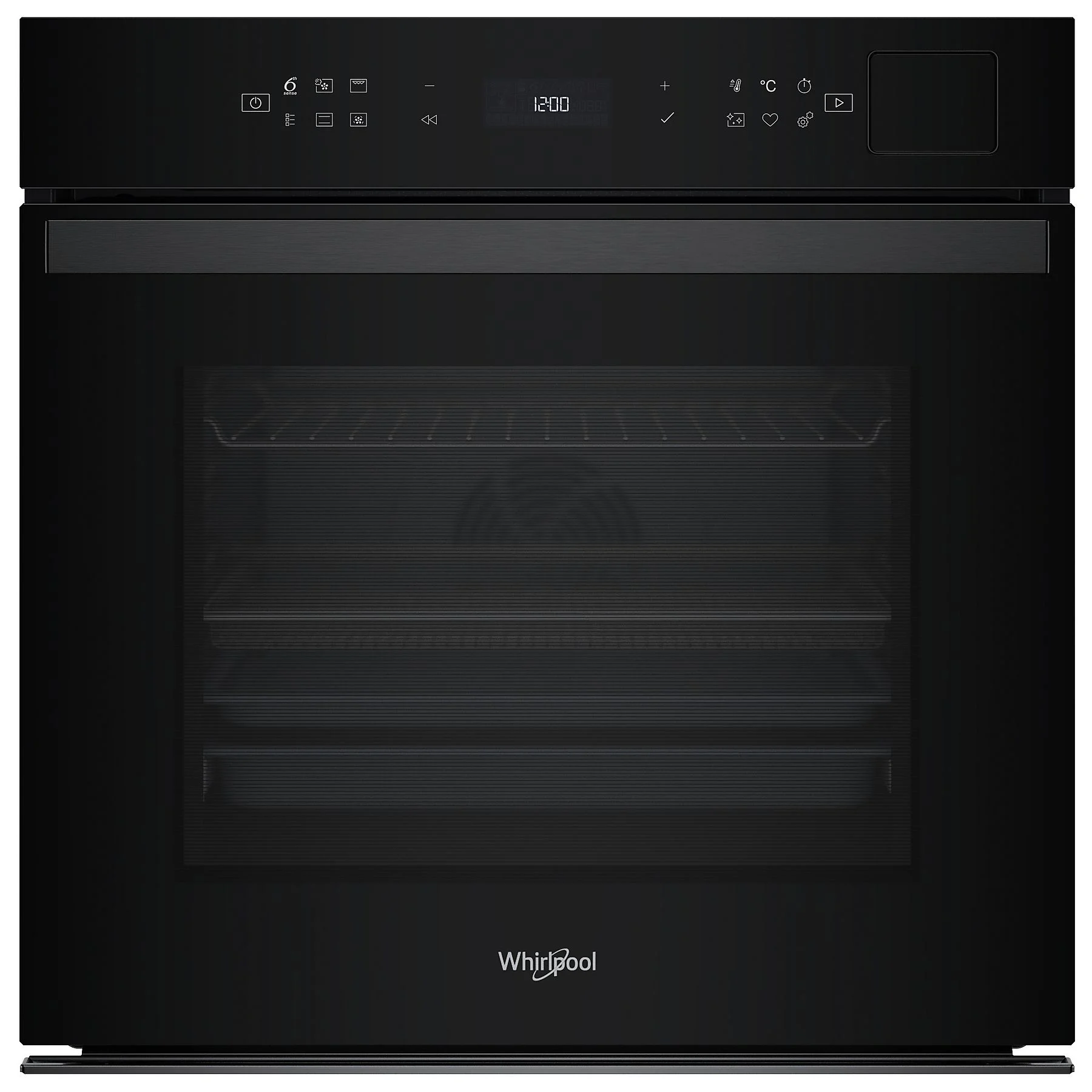 Czarny piekarnik Whirlpool z wyświetlaczem cyfrowym. Ikony i ruszty wewnętrzne. Wyświetlana godzina.
