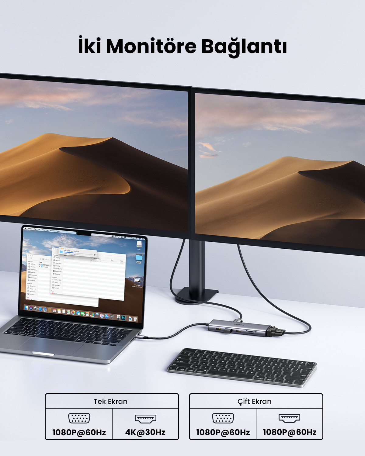 Dune görüntüleri gösteren iki monitör, bir klavye ve bir hub'ın bulunduğu bir dizüstü bilgisayar masada. Metin tek ve çift monitör özelliklerini gösterir.