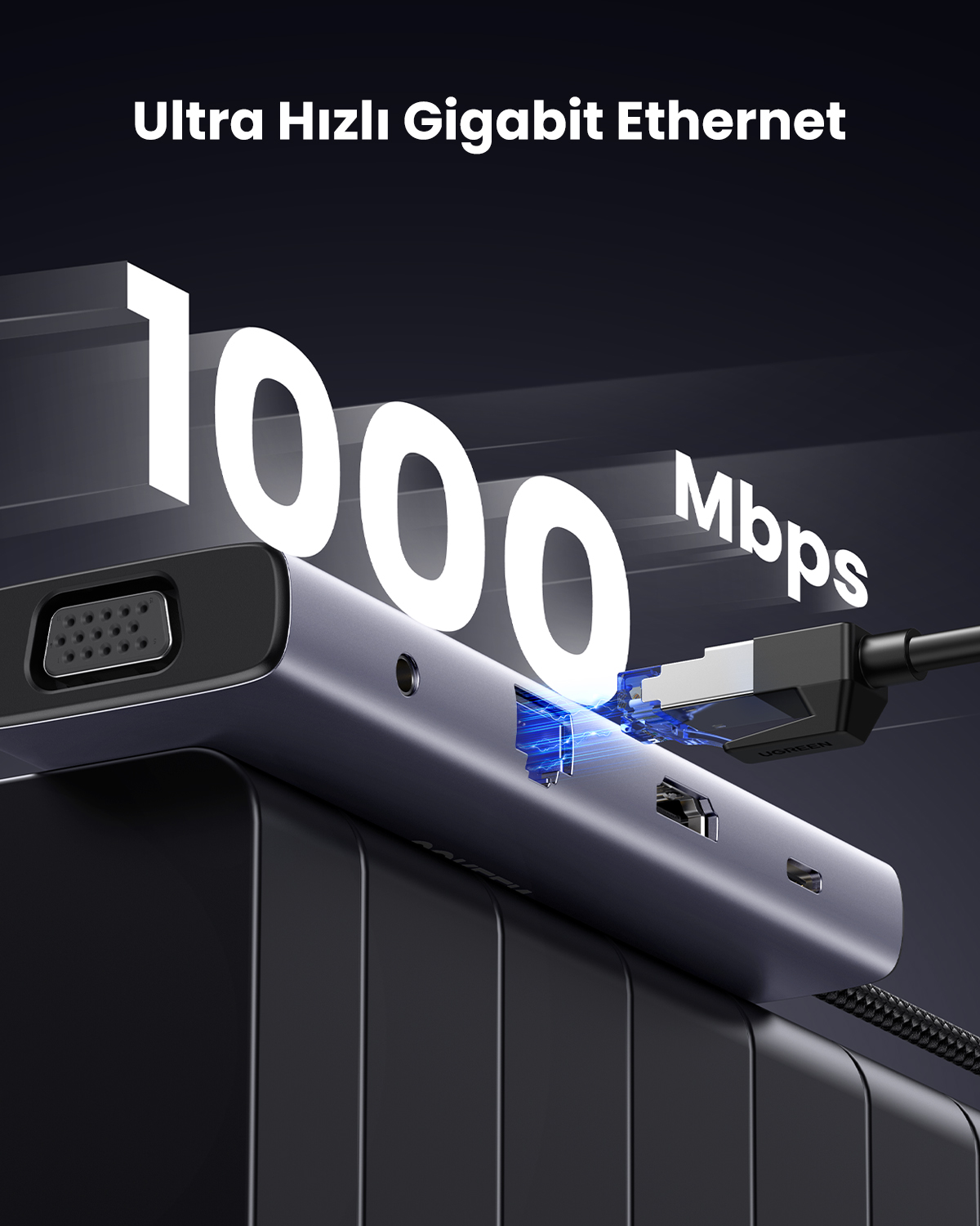 Siyah bir kabloya bağlı, portları olan bir USB hub. Metin 1000 Mbps ve Ultra Hızlı Gigabit Ethernet diyor.