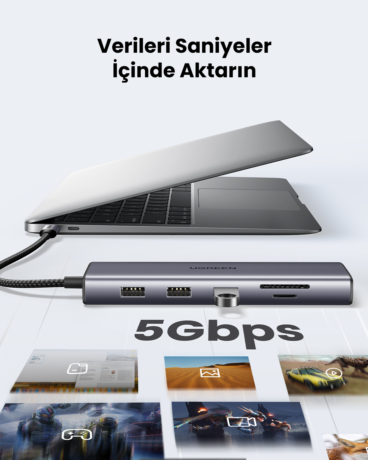 USB portlu gri bir hub'a bağlı bir dizüstü bilgisayar. Hub'da 'UGREEN' etiketi var. Metin 'Verileri Saniyeler içinde Aktarın' ve '5 Gbps' diyor.