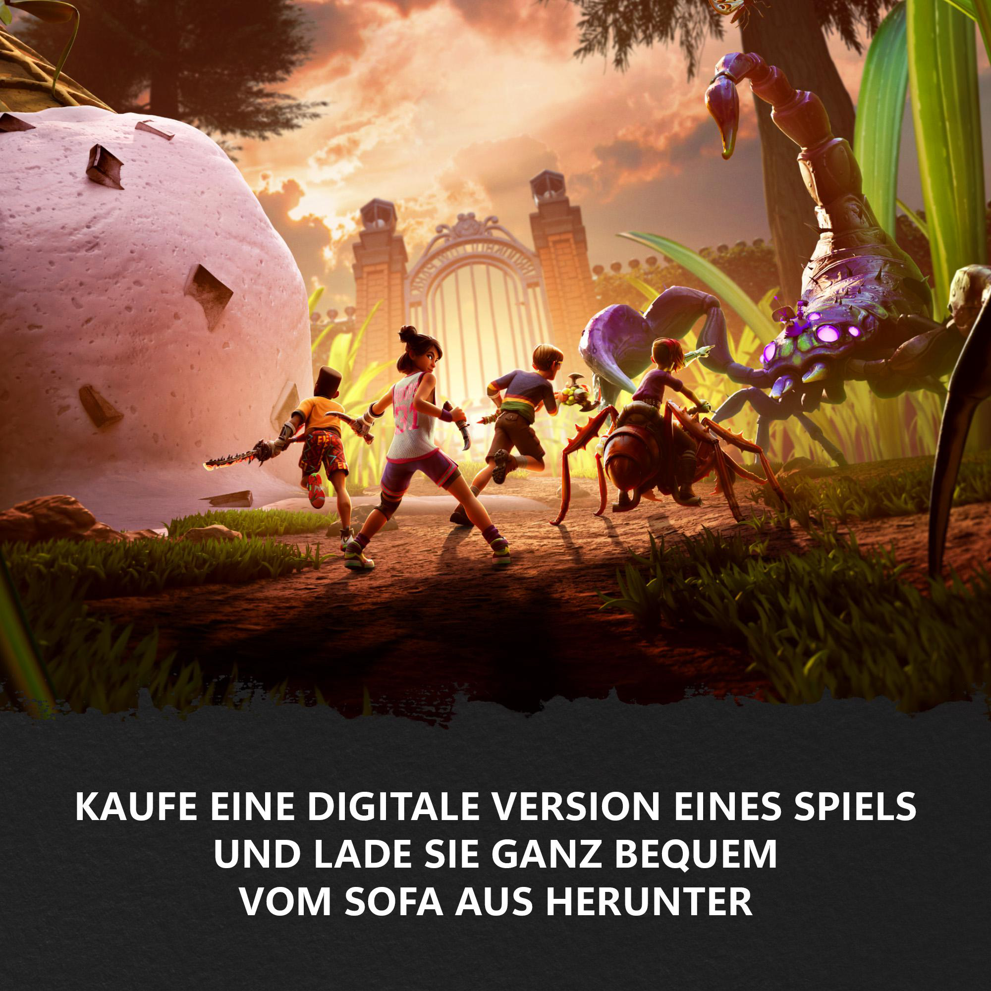Vier Kinder rennen vor einem riesigen Skorpion und einer Spinne davon. Im Hintergrund befindet sich ein großes weißes Objekt.