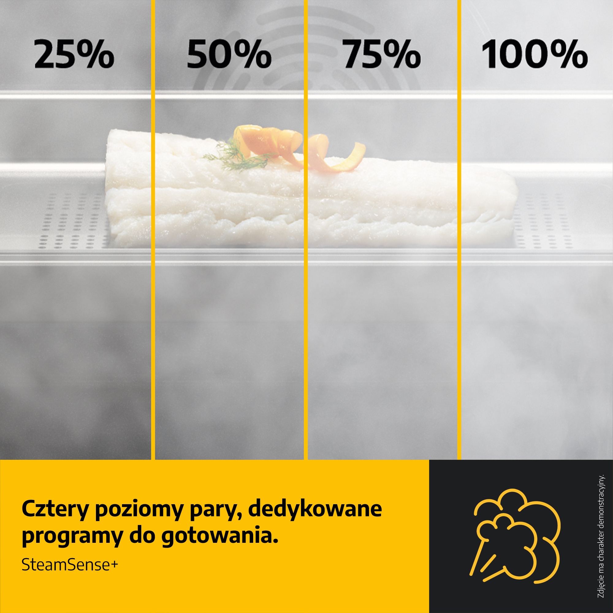 Obraz przedstawia rybę gotowaną na parze na różnych poziomach. Wyświetlane są wartości procentowe (25%, 50%, 75%, 100%).