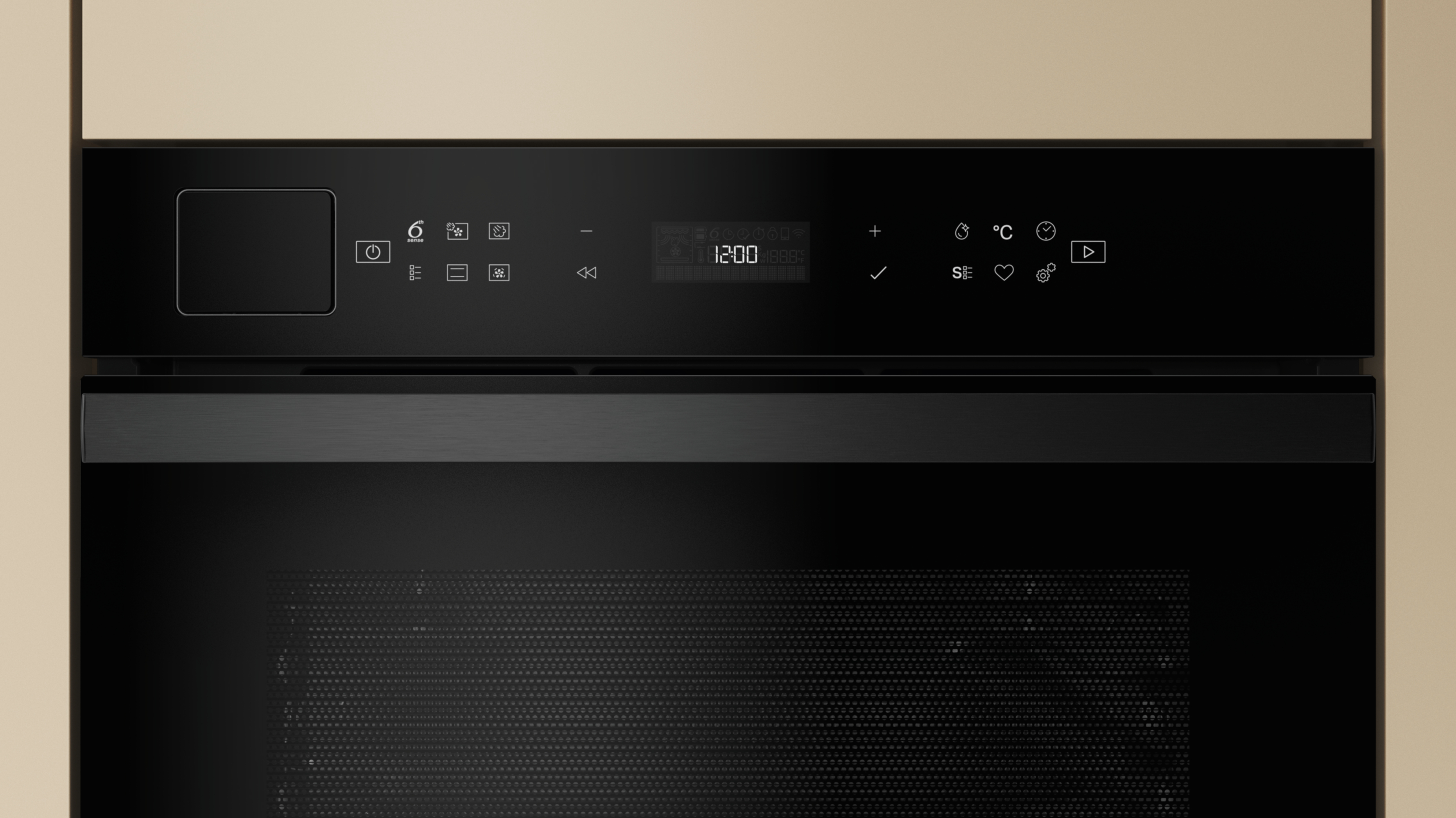 Czarny panel sterowania piekarnika z cyfrowym wyświetlaczem zegara i różnymi ikonami. Beżowa ramka otacza panel.