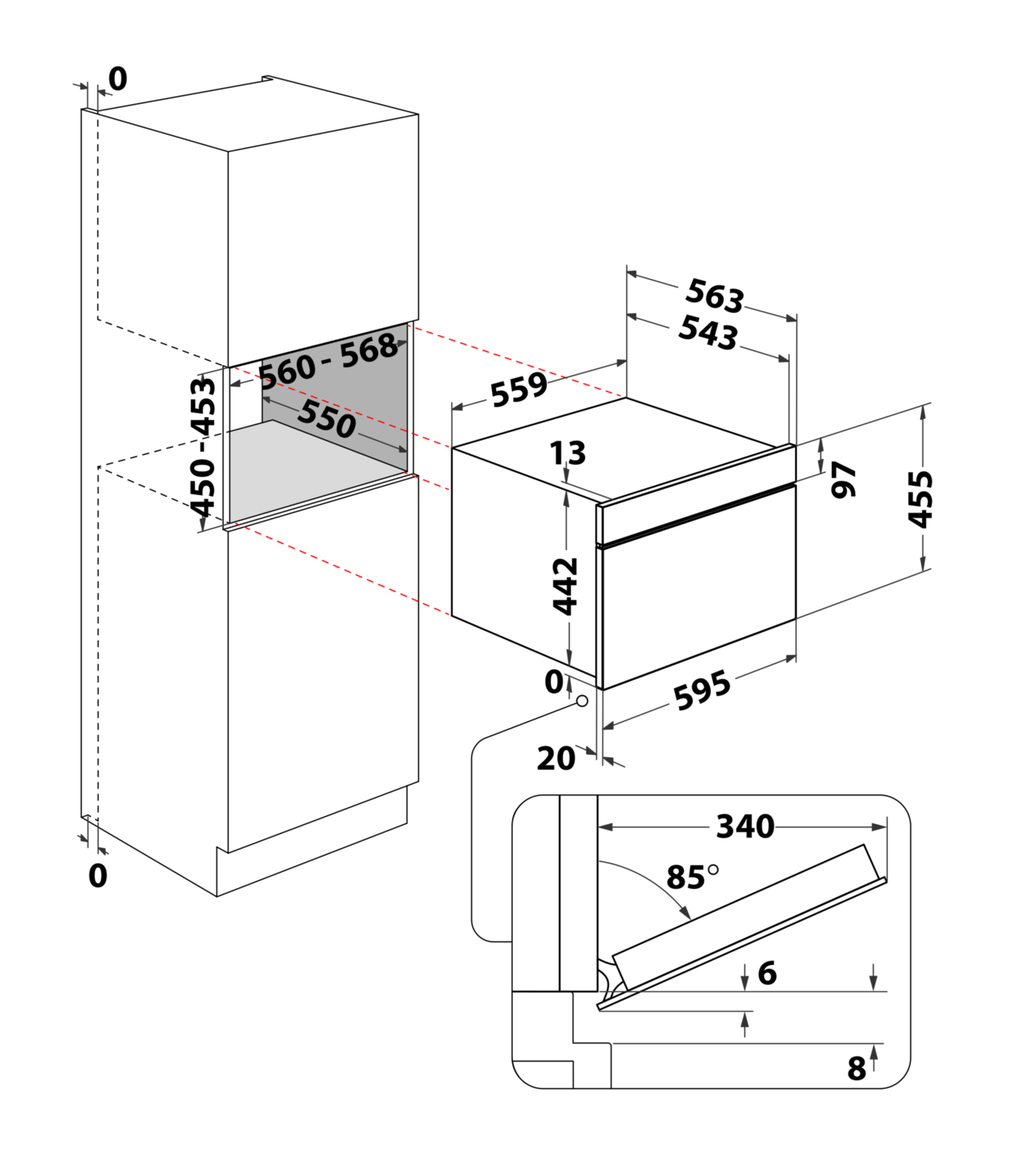 Schemat piekarnika do zabudowy z wymiarami, widok z boku i szczegółowy przekrój kąta drzwi i wymiarów.