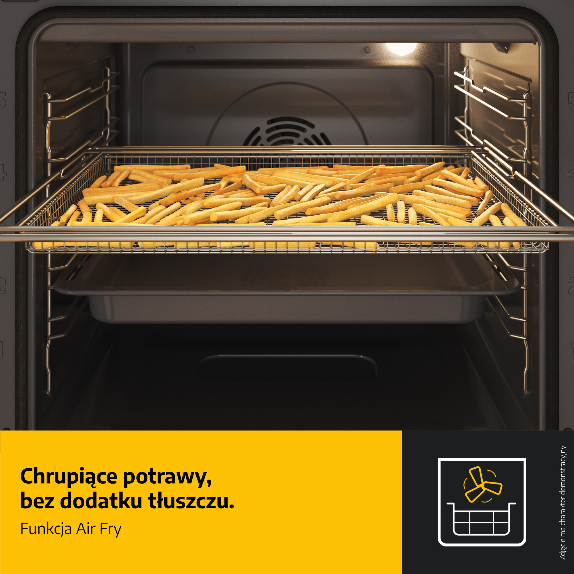Wnętrze piekarnika z frytkami na ruszcie. Tekst: Chrupiące dania, bez dodatku tłuszczu. Funkcja Air Fry.
