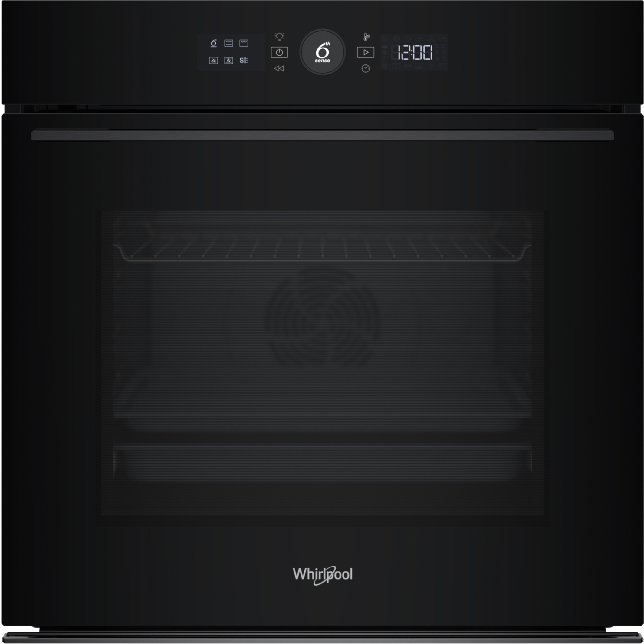 Czarny piekarnik Whirlpool. Ma cyfrowy wyświetlacz i wewnętrzne ruszty. Panel sterowania pokazuje czas i ustawienia.