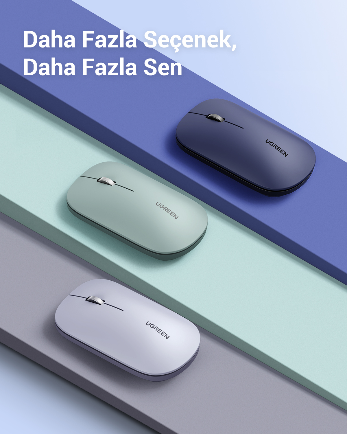 Mavi, yeşil ve beyaz renklerde üç kablosuz fare, farklı renk katmanlarına sahip bir arka plan üzerinde, 'Daha Fazla Seçenek, Daha Fazla Sen' metniyle.