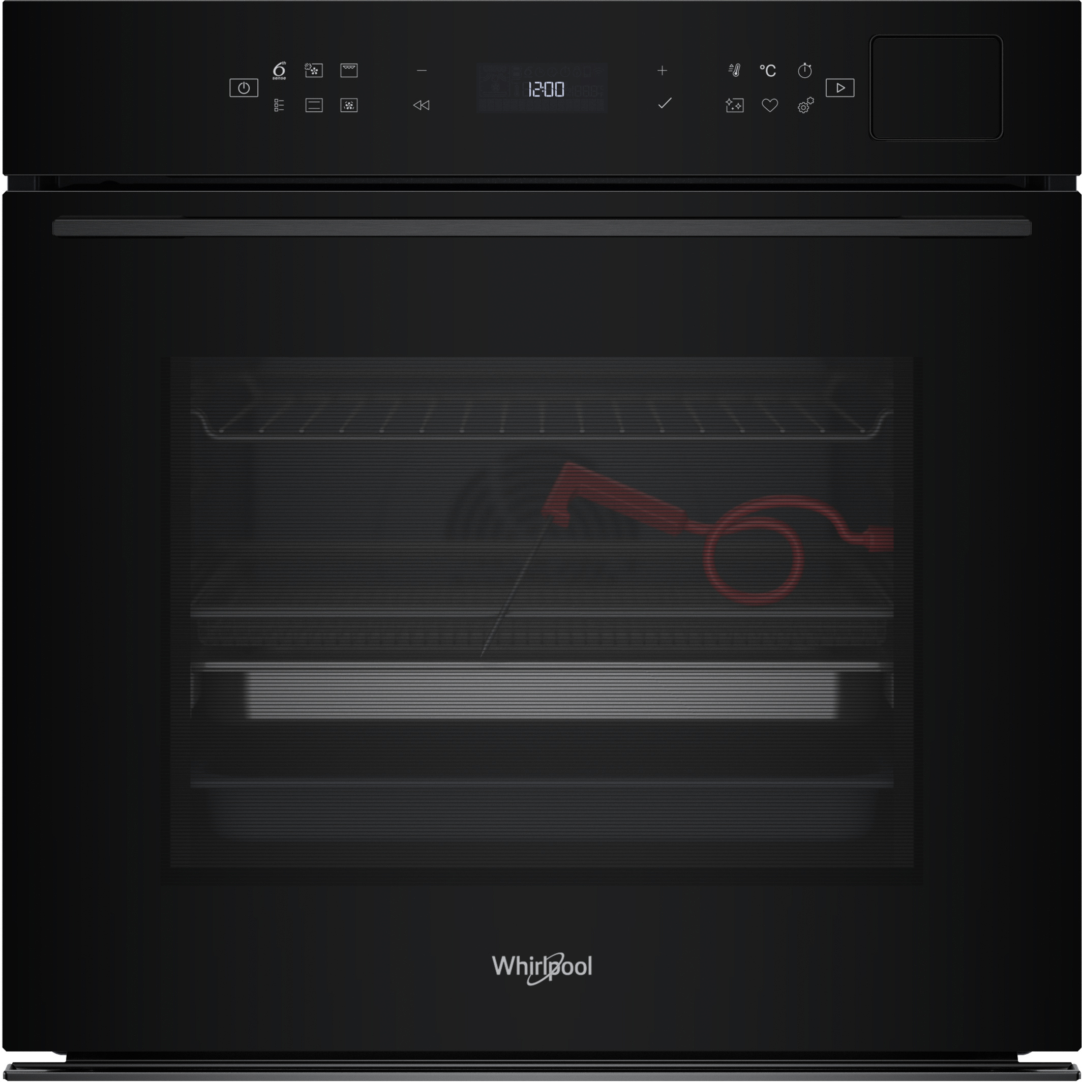 Czarny piekarnik Whirlpool z cyfrowym wyświetlaczem. Wewnątrz widoczna czerwona sonda. Piekarnik jest ciemny ze szklanymi drzwiami.