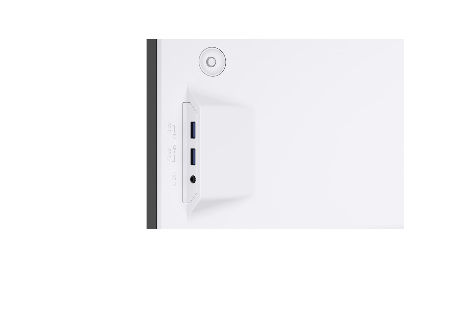Witte achterkant monitor met poorten: 2x USB, koptelefoonaansluiting, aan/uit-knop.