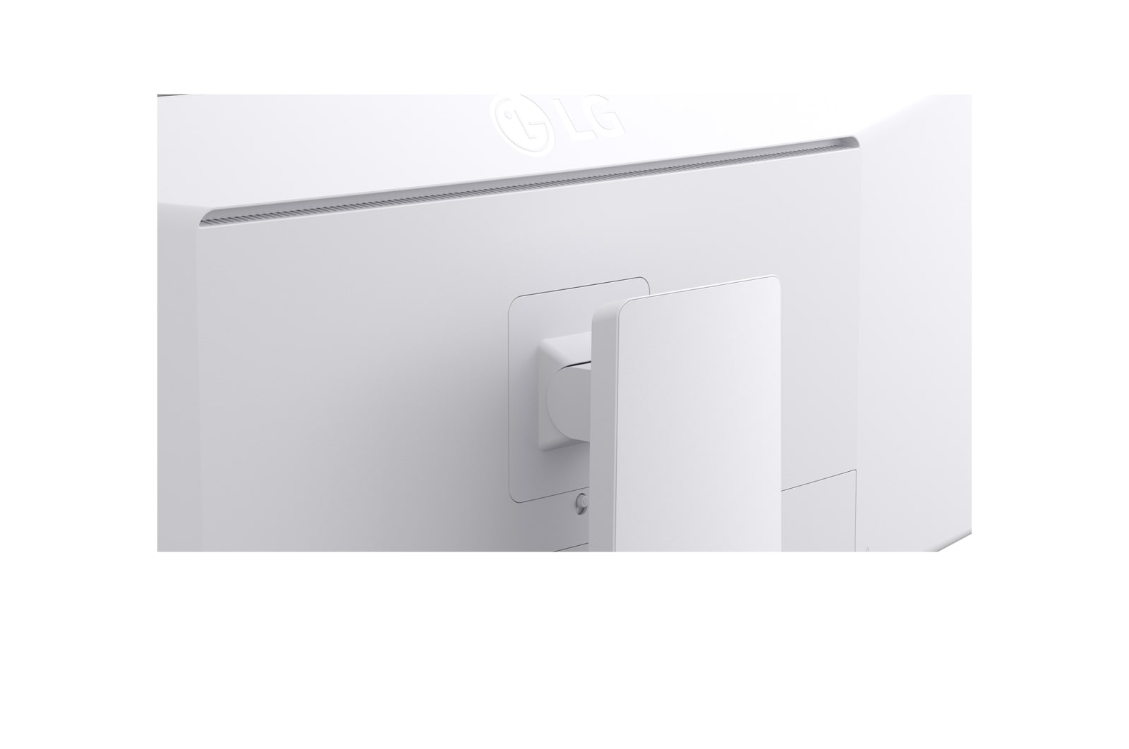 Close-up van de achterkant van een witte monitor met LG-logo en standaardbevestiging.