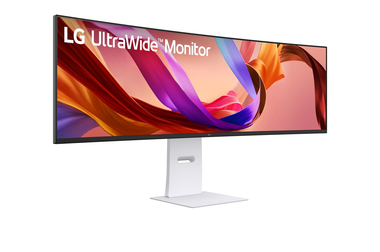 Een brede, gebogen LG monitor met een abstracte, kleurrijke achtergrond.