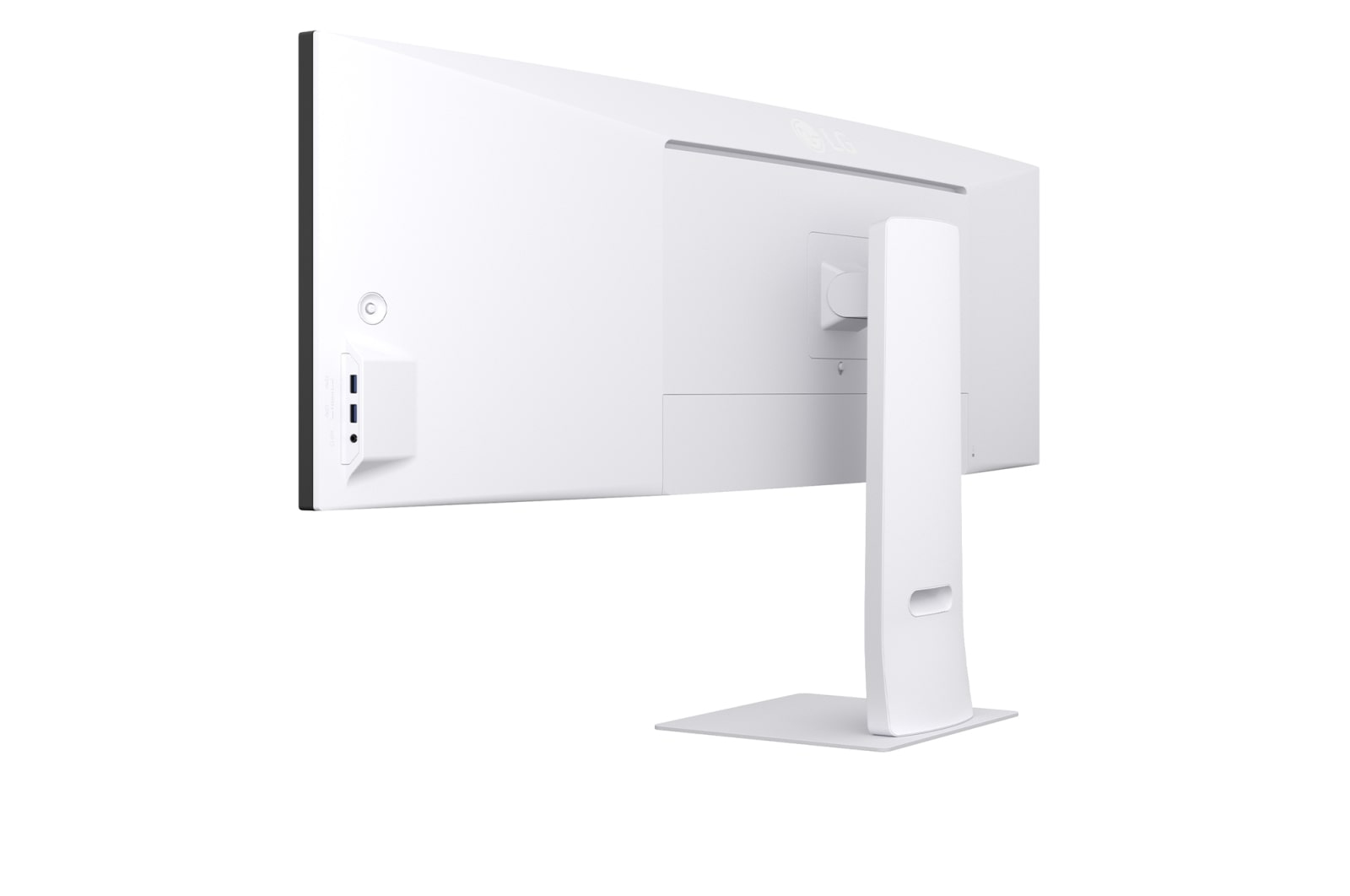 Achterkant van een witte monitor met poorten en een slanke standaard.
